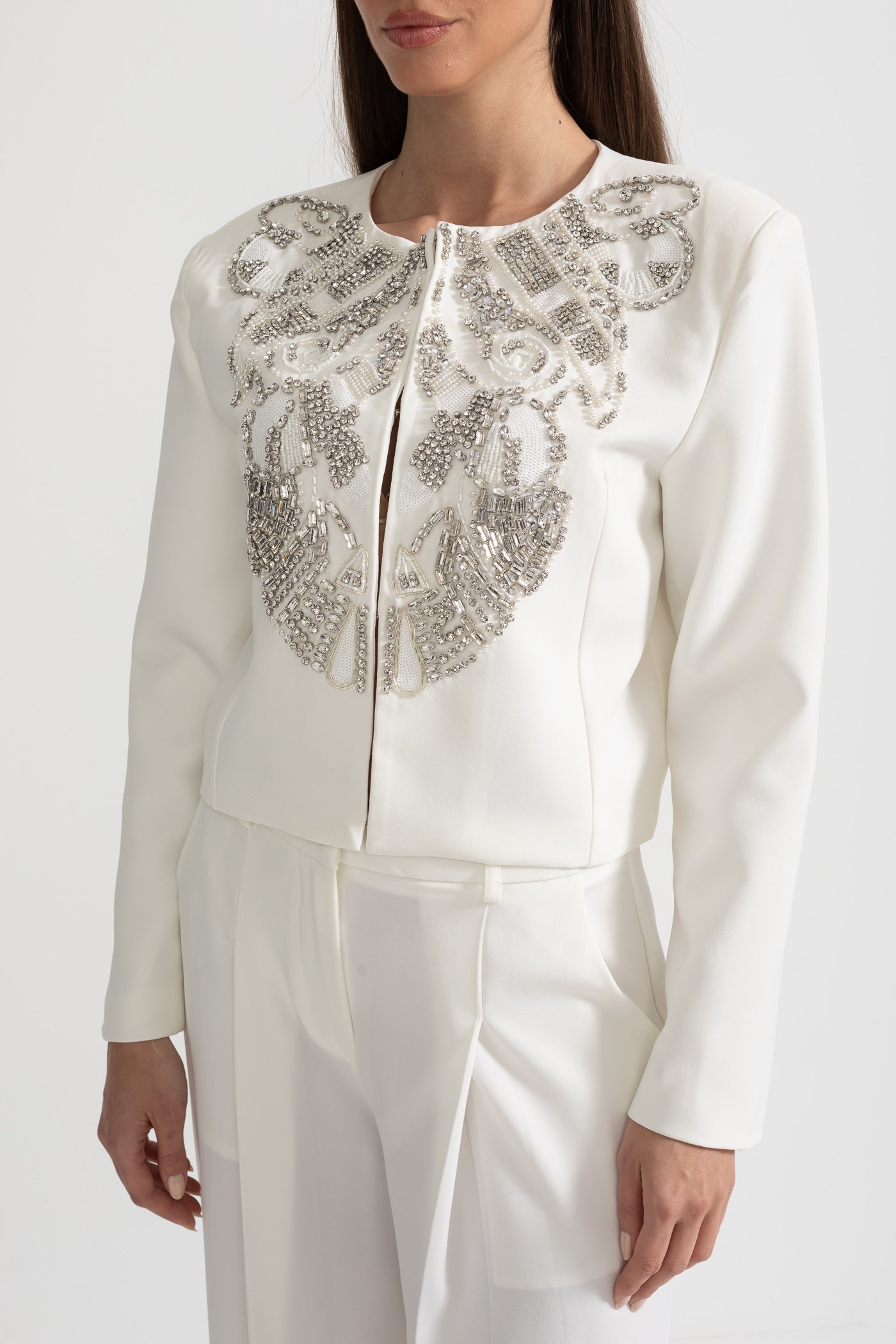 Embellished Jacket and Wide-Leg Trousers Co-Ord Set with Ornate Beadwork - White