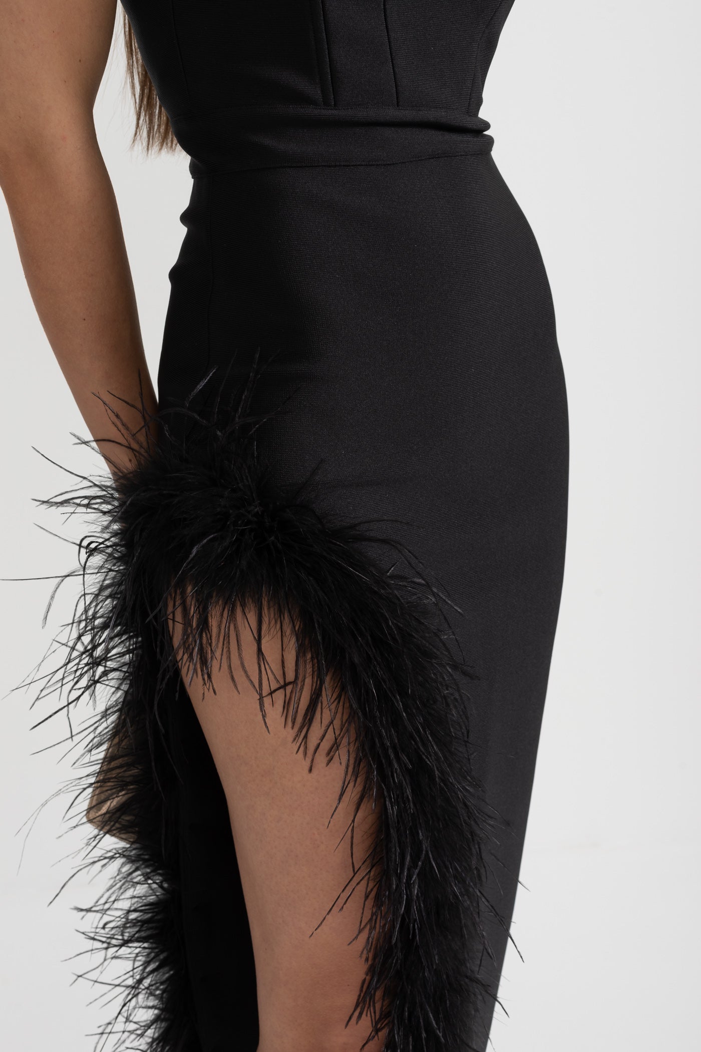 Strapless Feather-Trimmed Dress With Fitted Bodice And Asymmetrical Hemline - Black