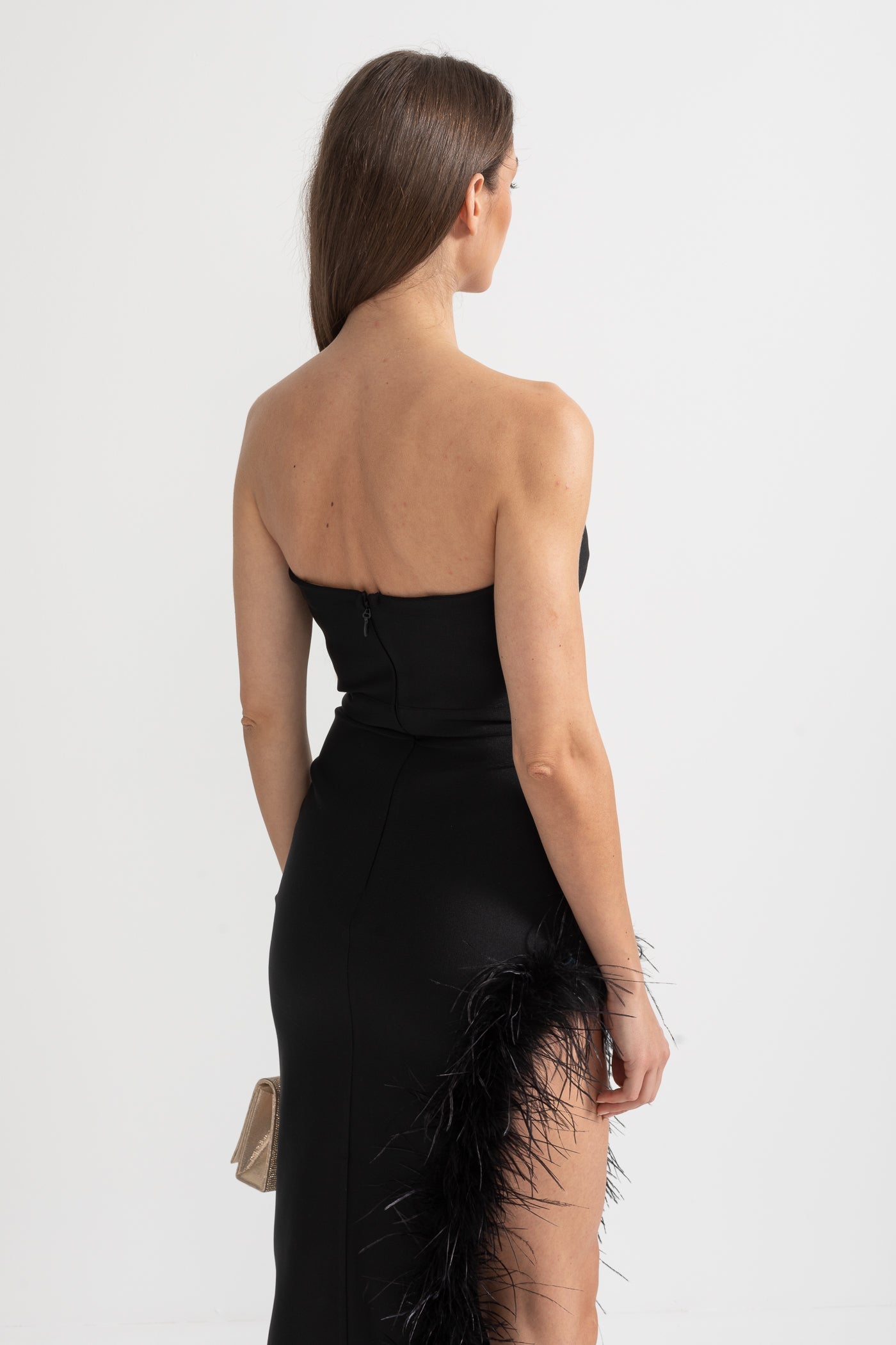 Strapless Feather-Trimmed Dress With Fitted Bodice And Asymmetrical Hemline - Black