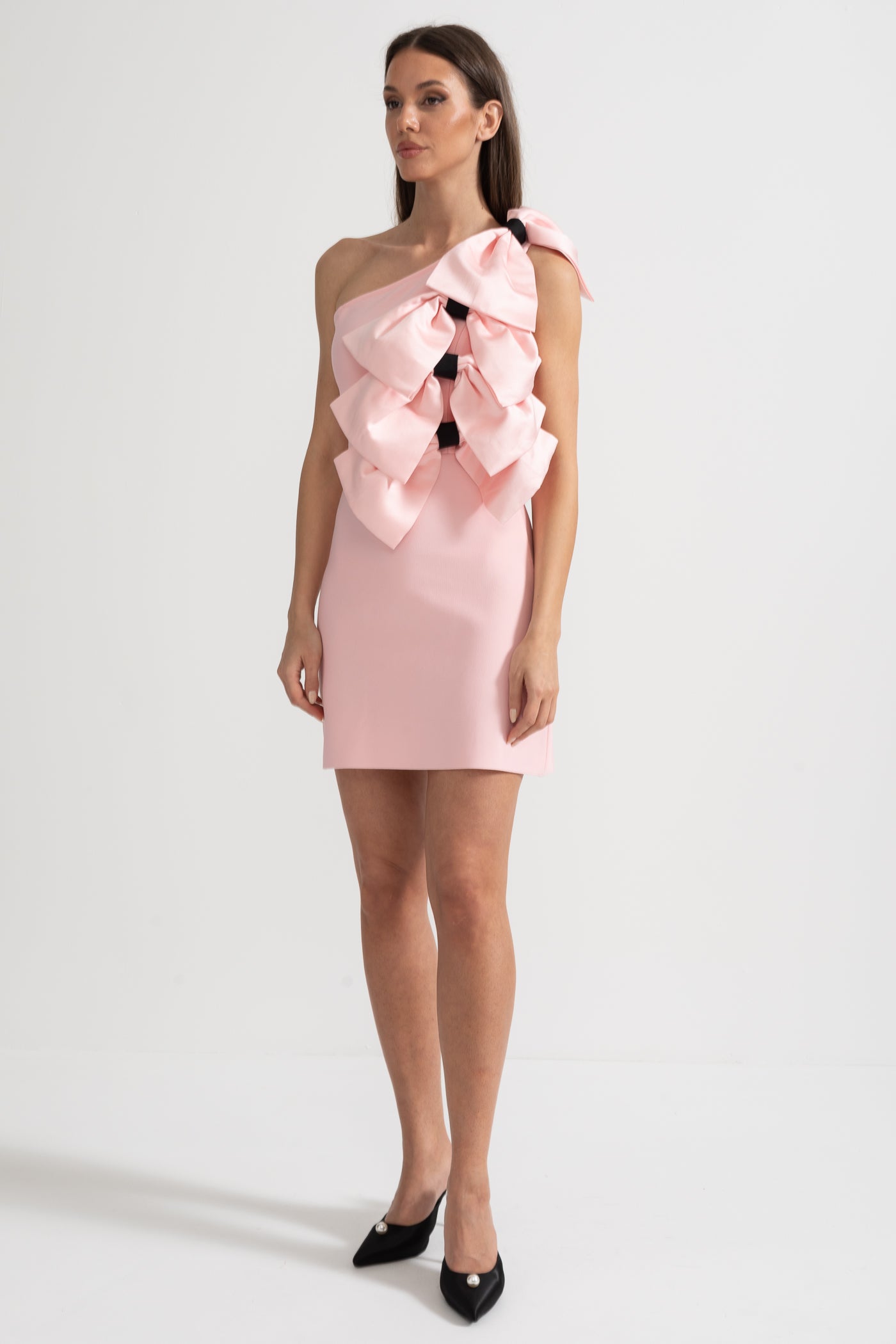 One-Shoulder Mini Dress with Oversized Bow Detailing - Pink
