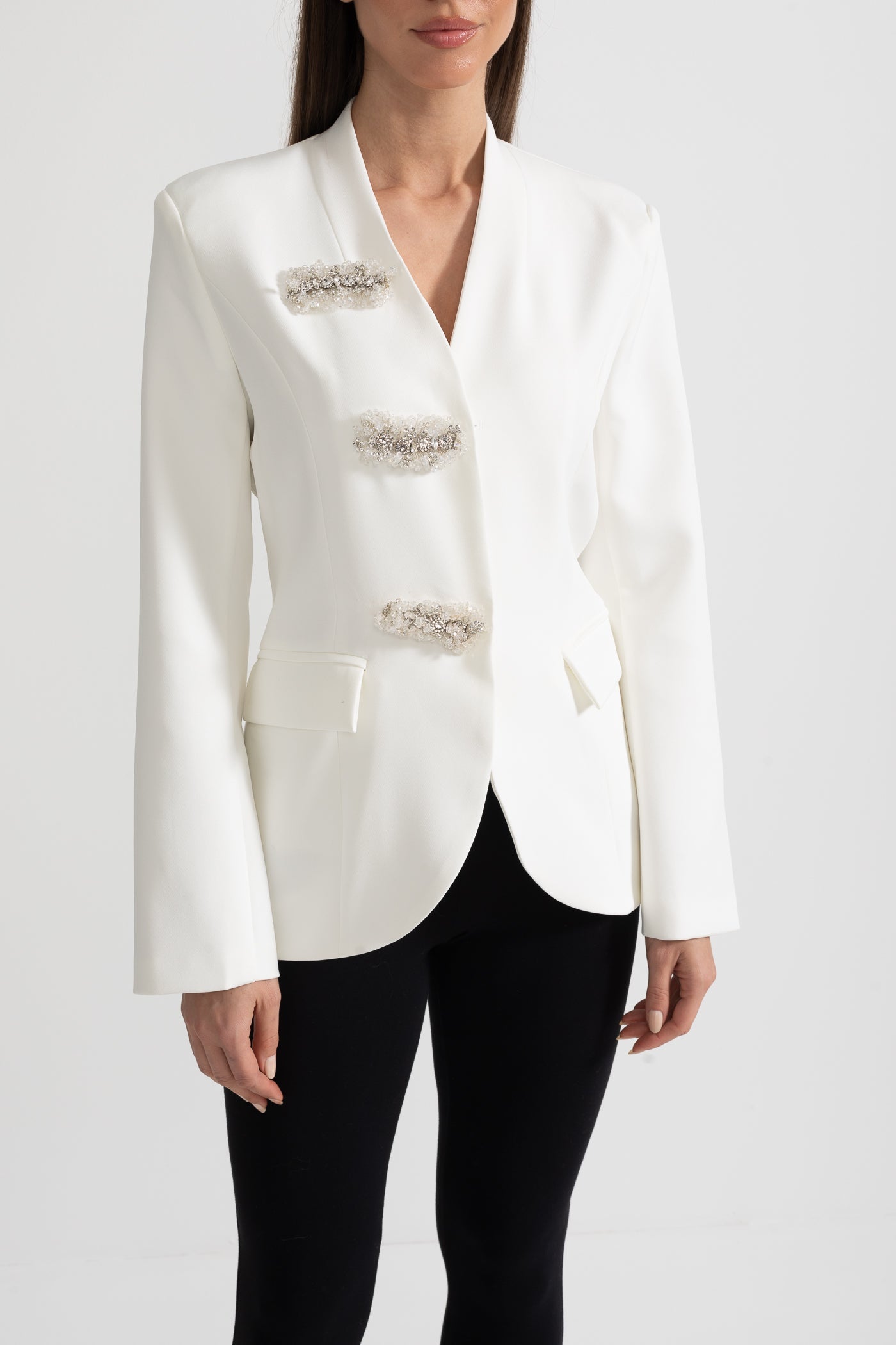 Tailored Blazer With Structured Shoulders And Silver Floral Clasps - White