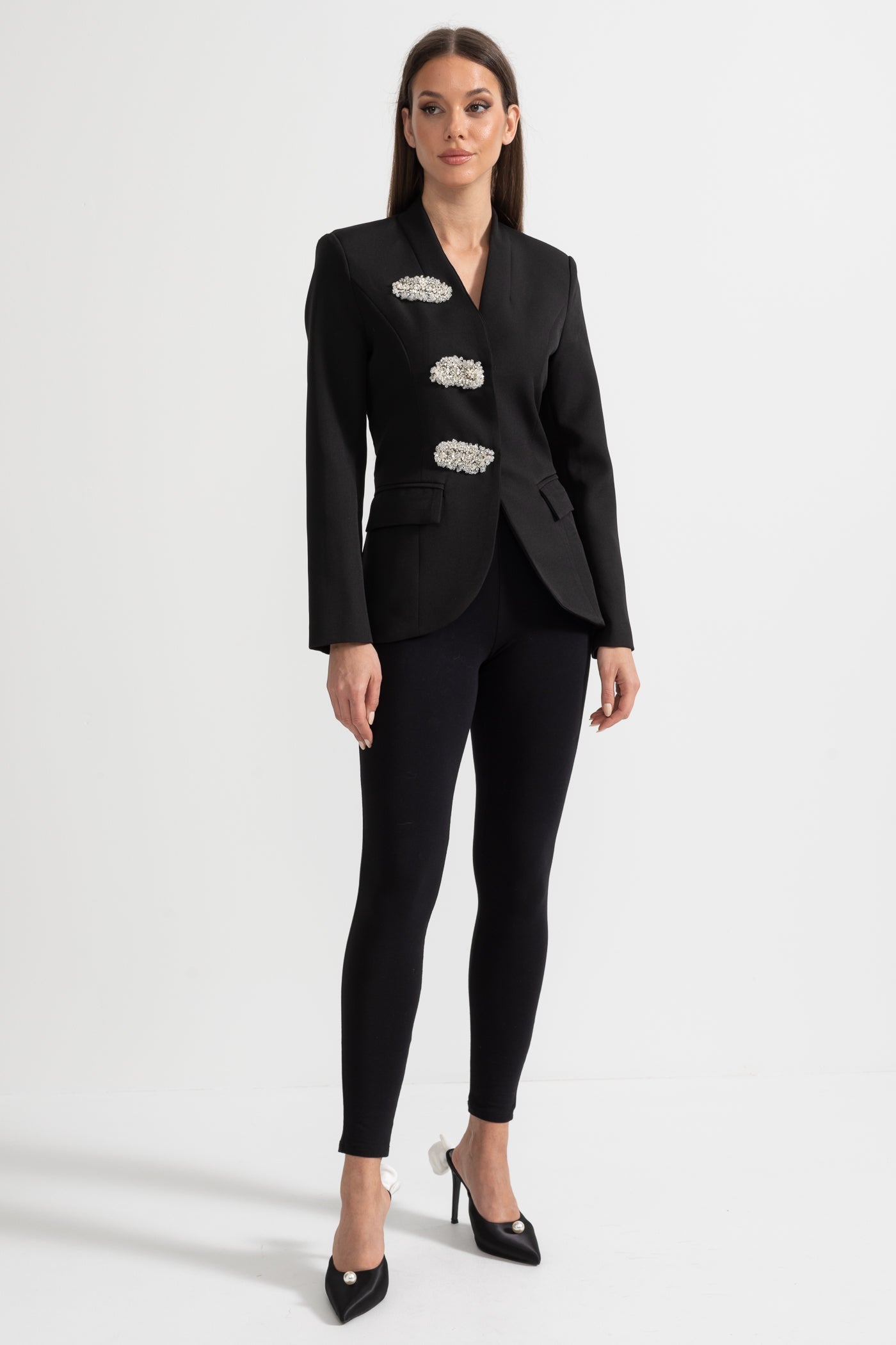 Tailored Blazer With Structured Shoulders And Silver Floral Clasps - Black