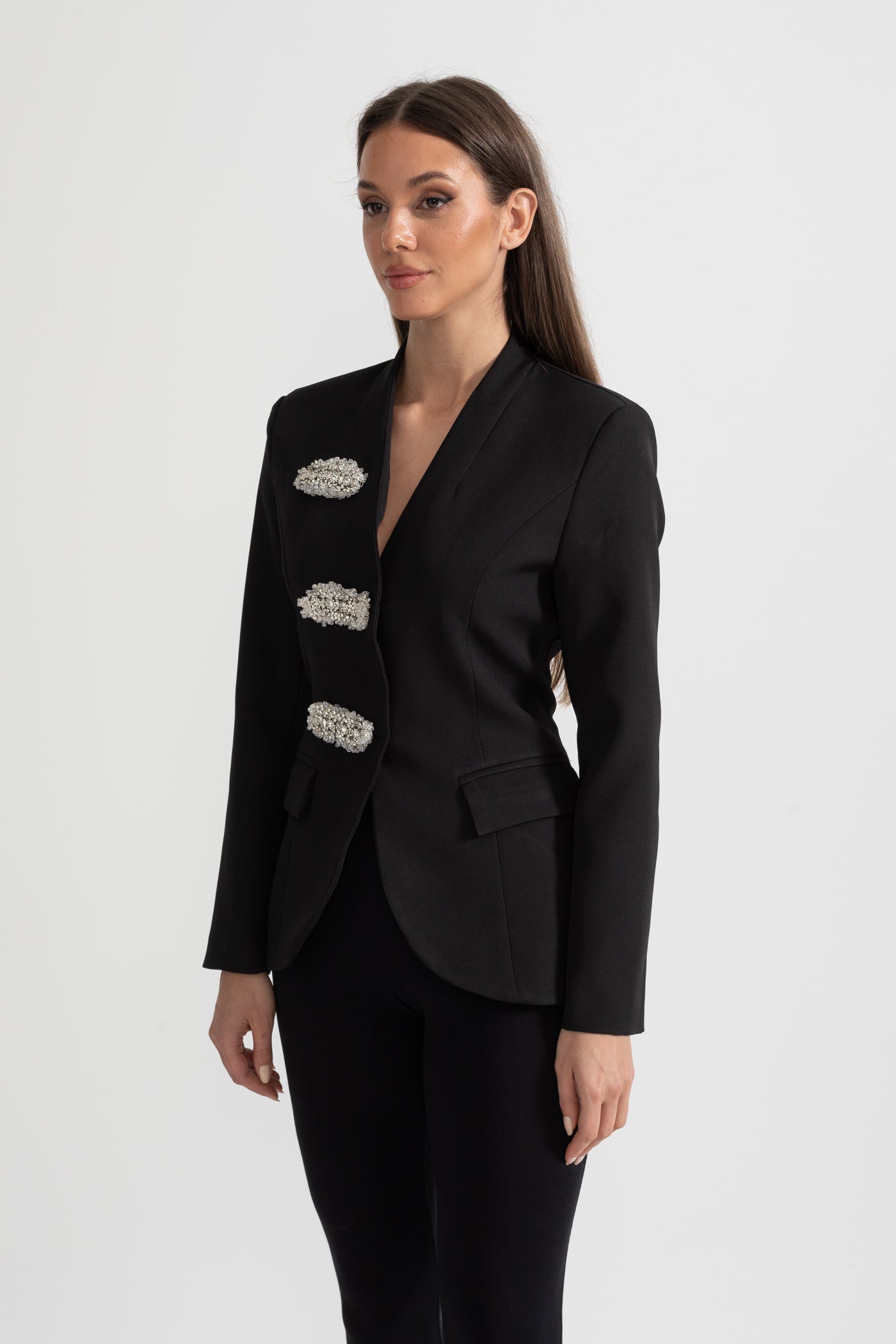 Tailored Blazer With Structured Shoulders And Silver Floral Clasps - Black