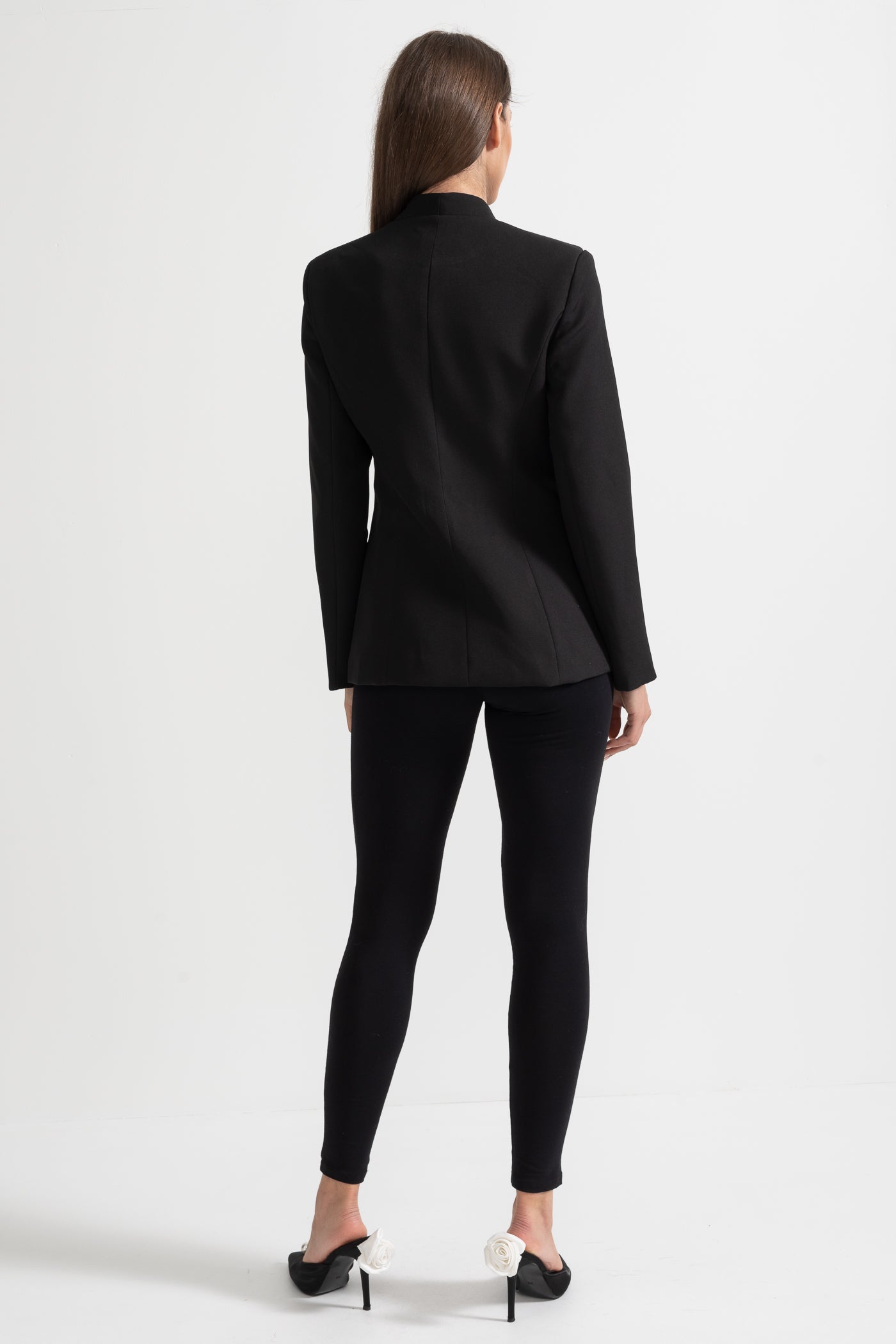 Tailored Blazer With Structured Shoulders And Silver Floral Clasps - Black