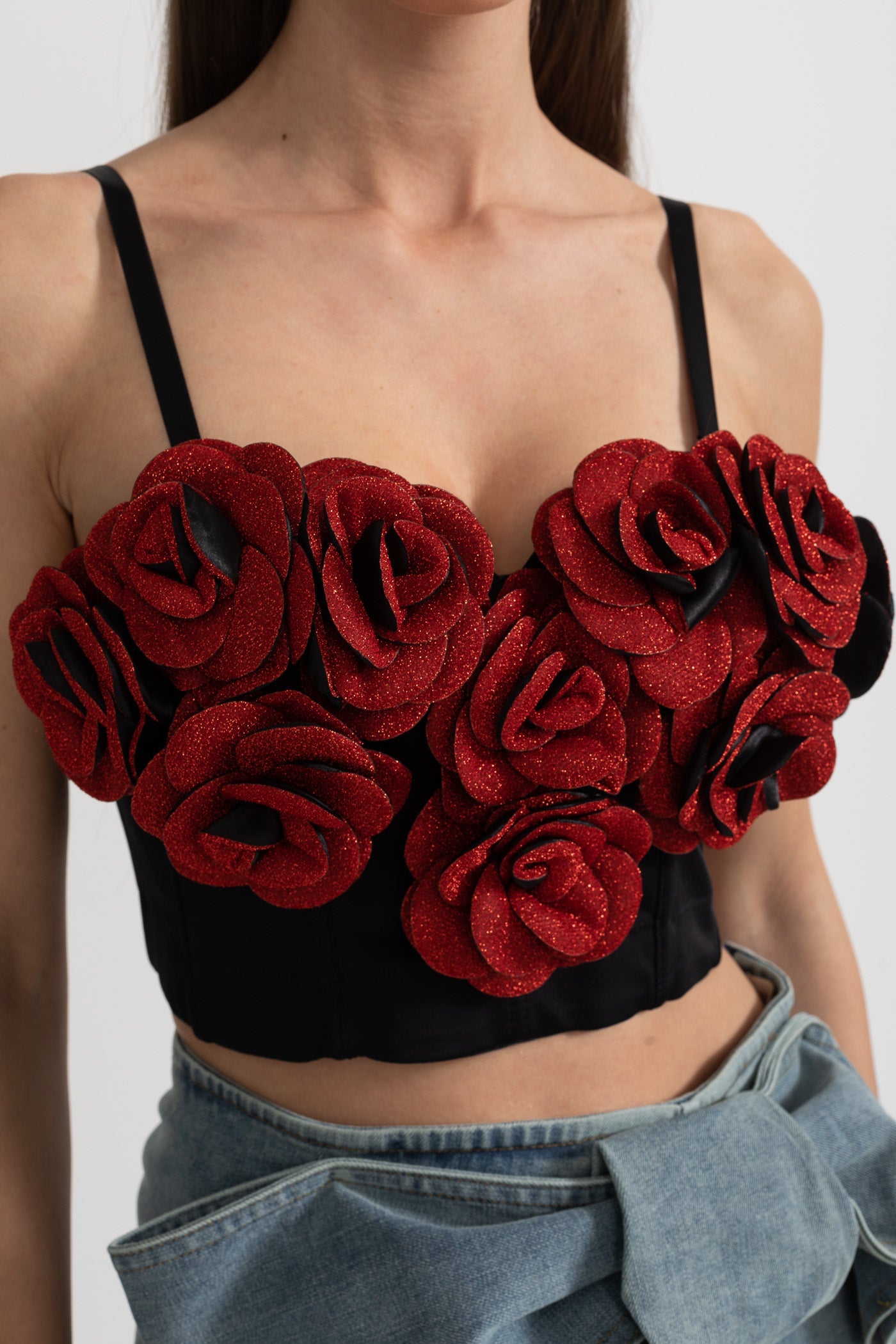 Corset Top with Red 3D Rose Appliqués - Black