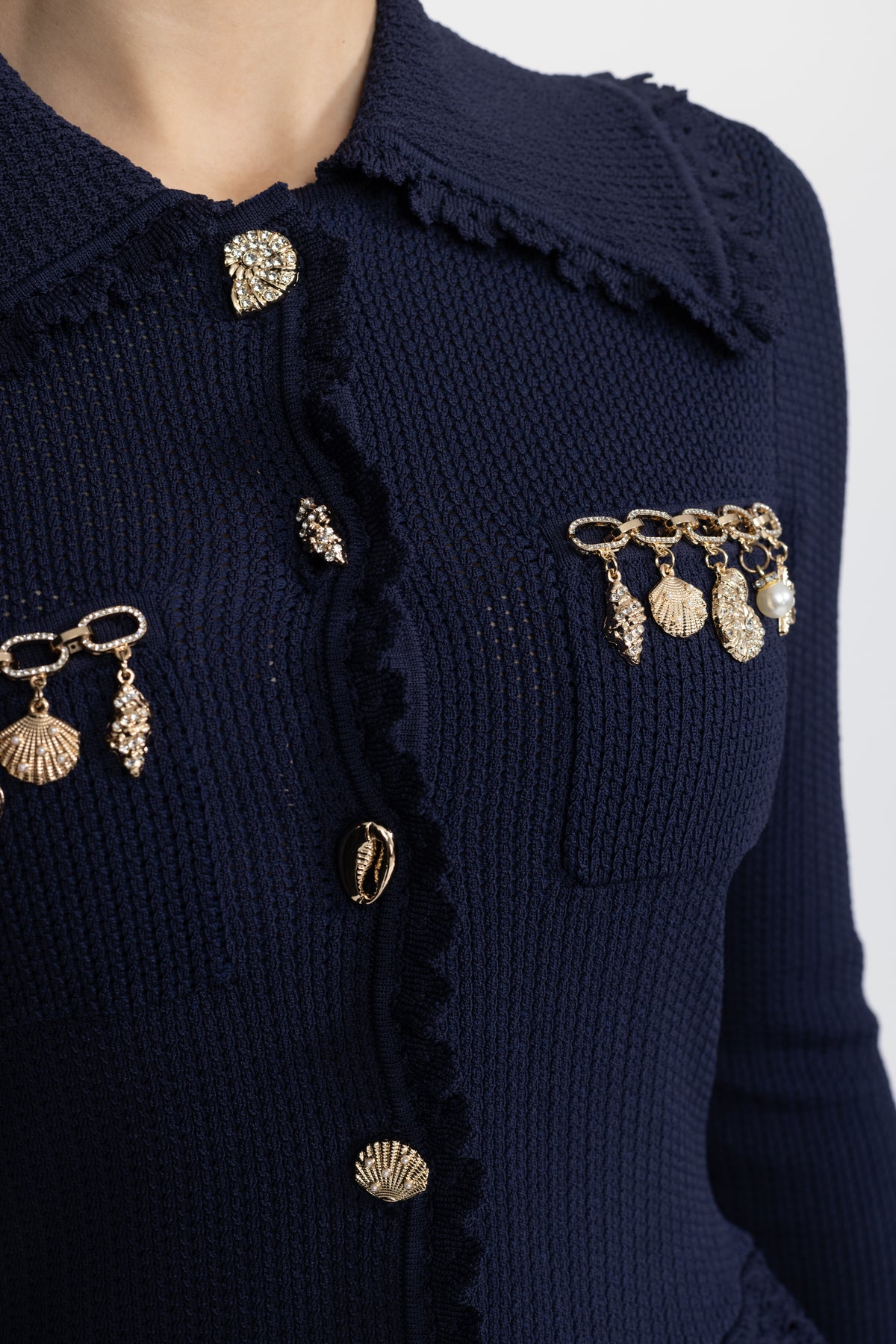 Charm Embellished Knit Peplum Cardigan and Ruffle Shorts Co-ord Set - Navy