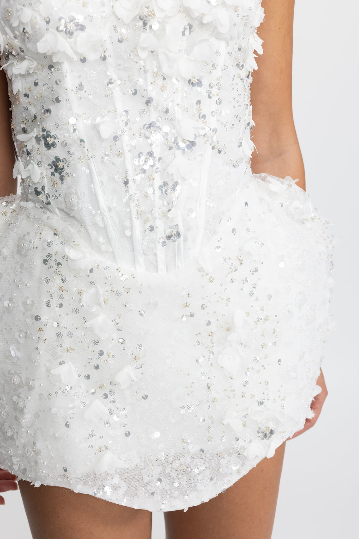 Sequin Flower Halter Corset Bubble Mini Dress - White