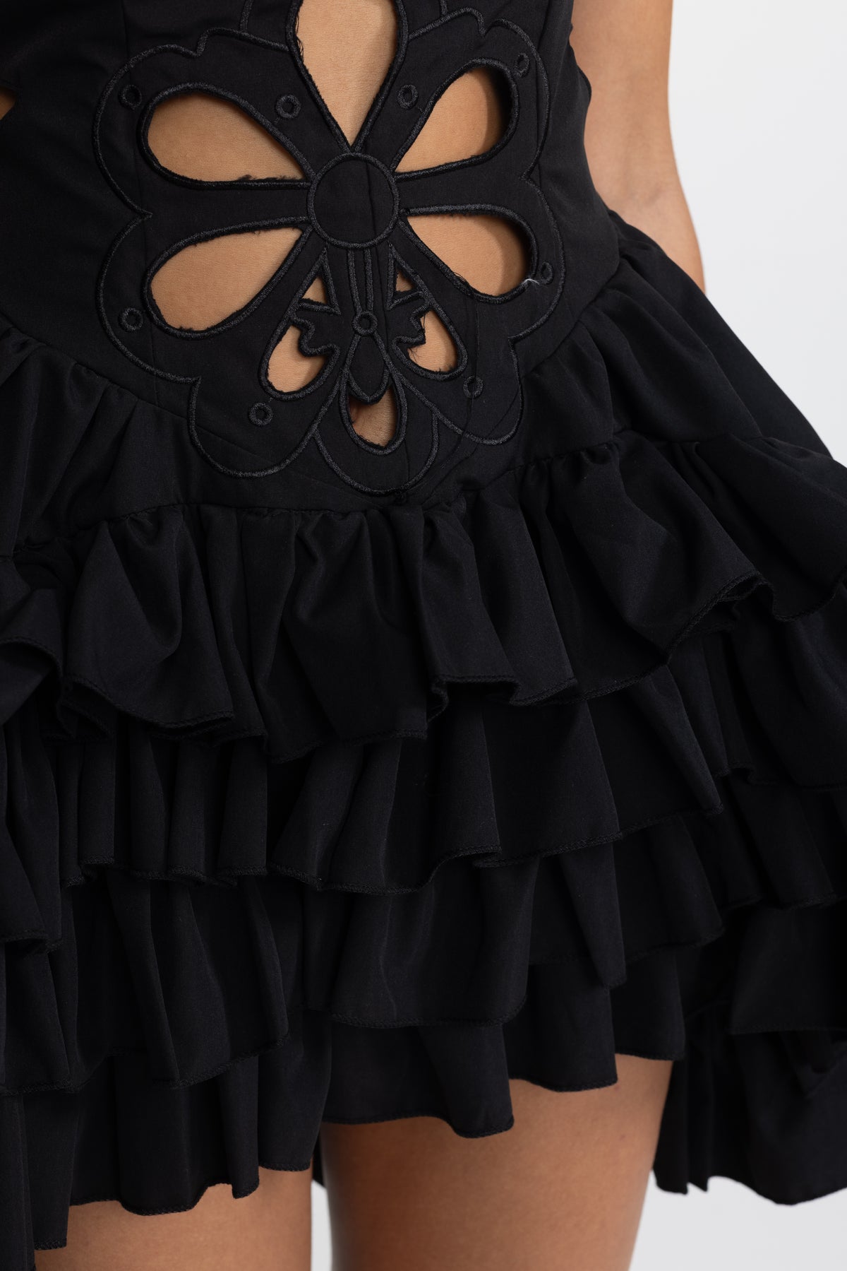 Embroidered Flower Cutout Ruffle Mini Dress - Black