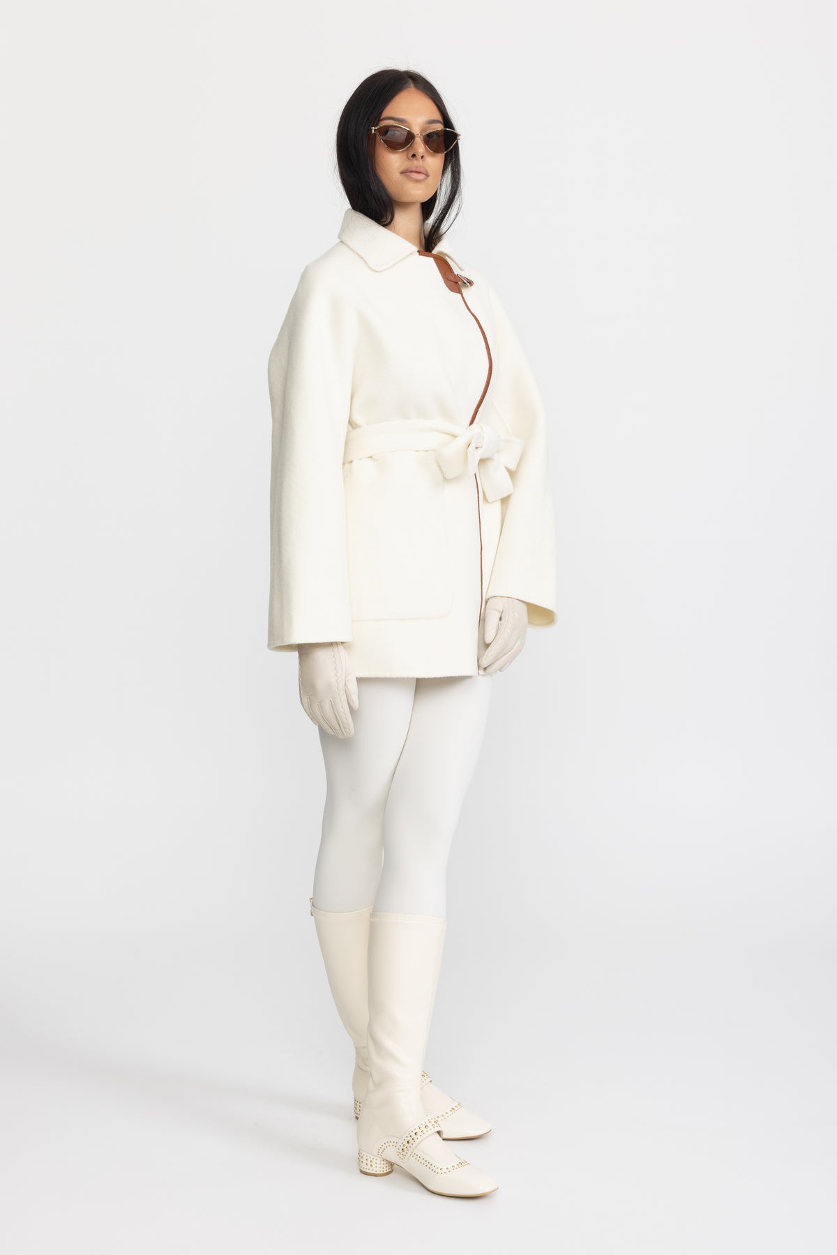 Faux Leather Trim Belted Wool Jacket - Off-White