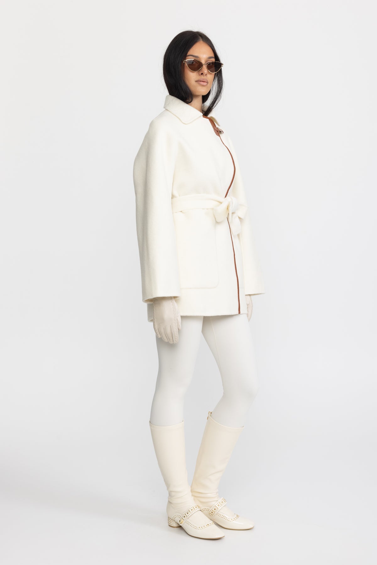 Faux Leather Trim Belted Wool Jacket - Off-White