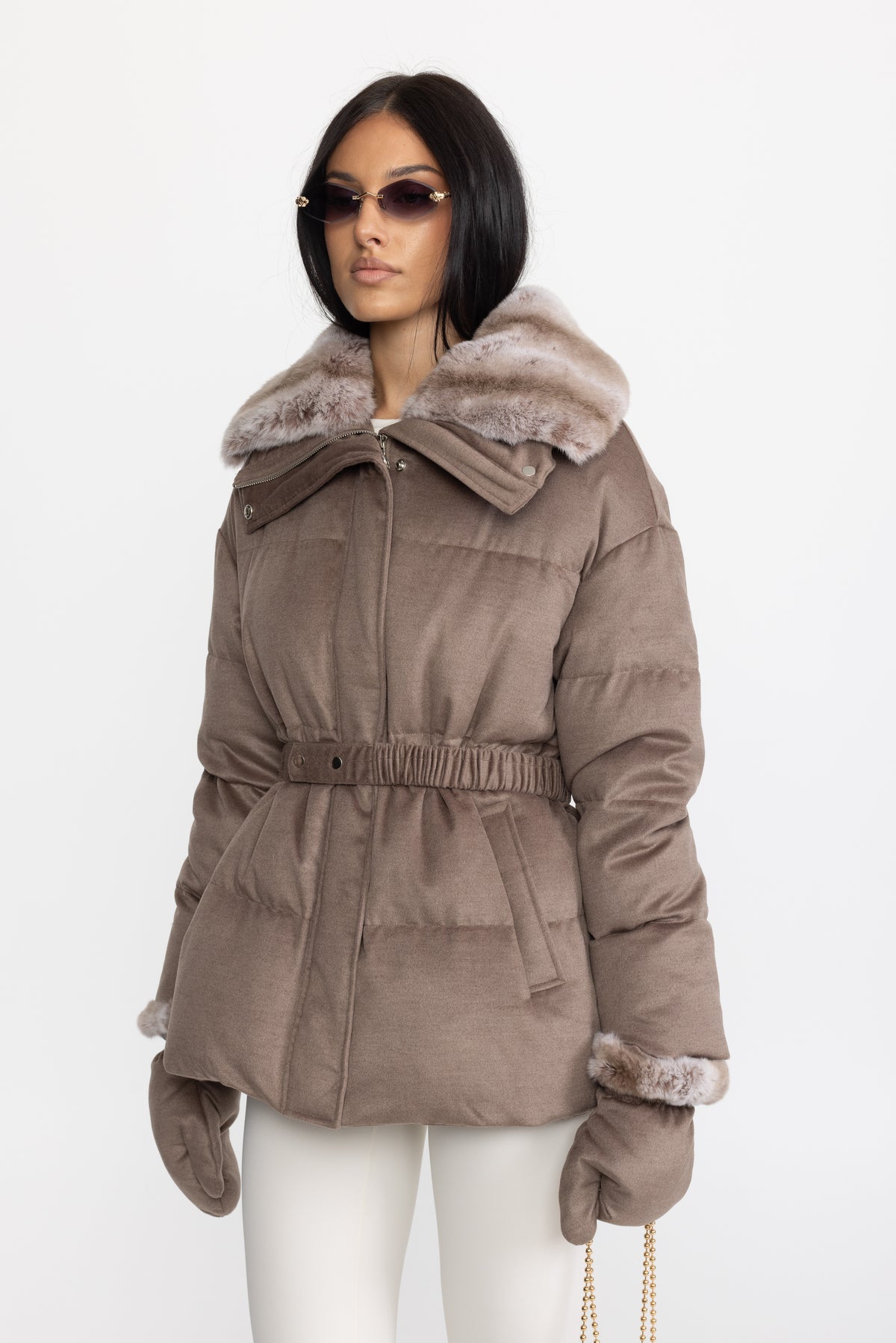 Rex Rabbit Fur Collar Cotton-Silk Down Jacket - Taupe