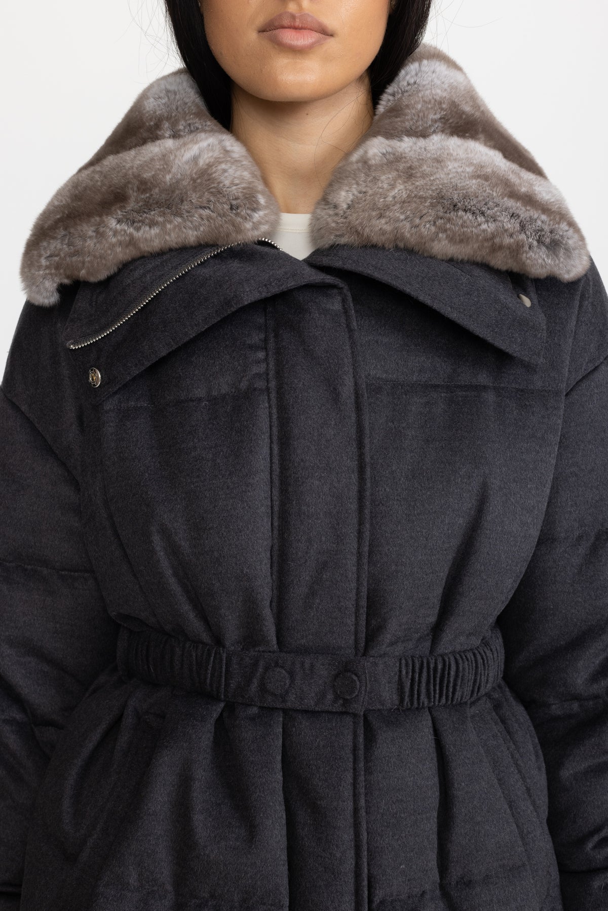 Rex Rabbit Fur Collar Cotton-Silk Down Jacket - Charcoal
