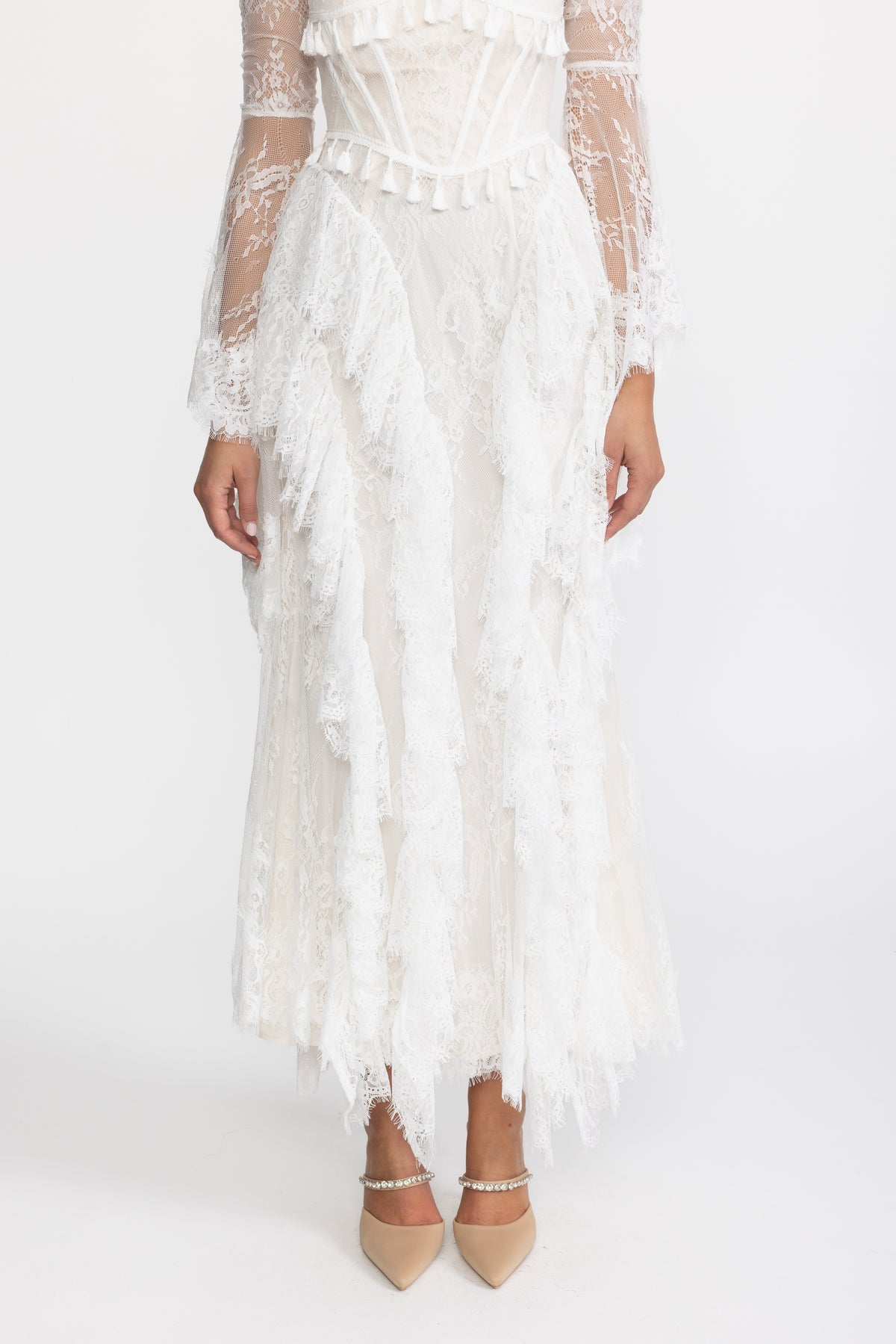 Tassel Trim Lace Corset Bell Sleeve Maxi Dress - White