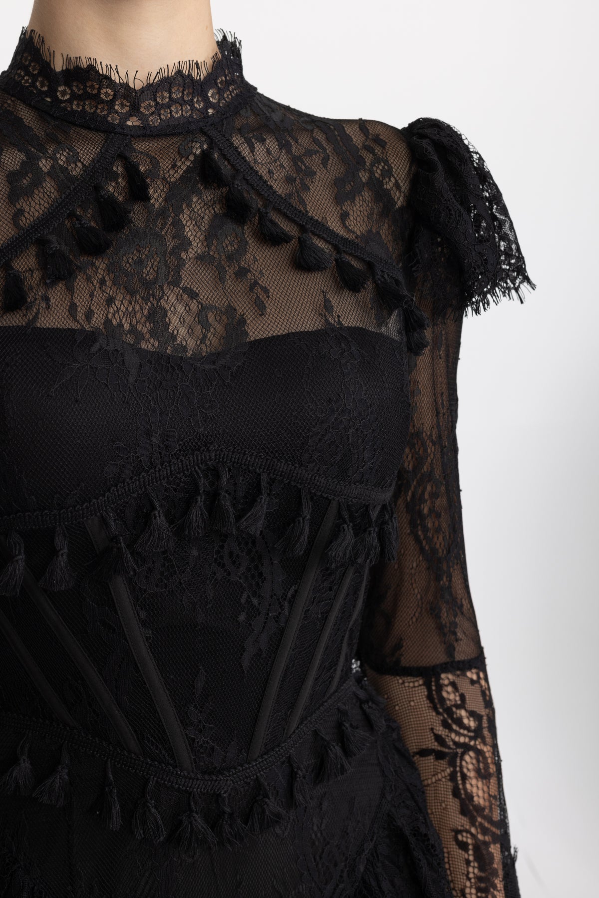 Tassel Trim Lace Corset Bell Sleeve Maxi Dress - Black