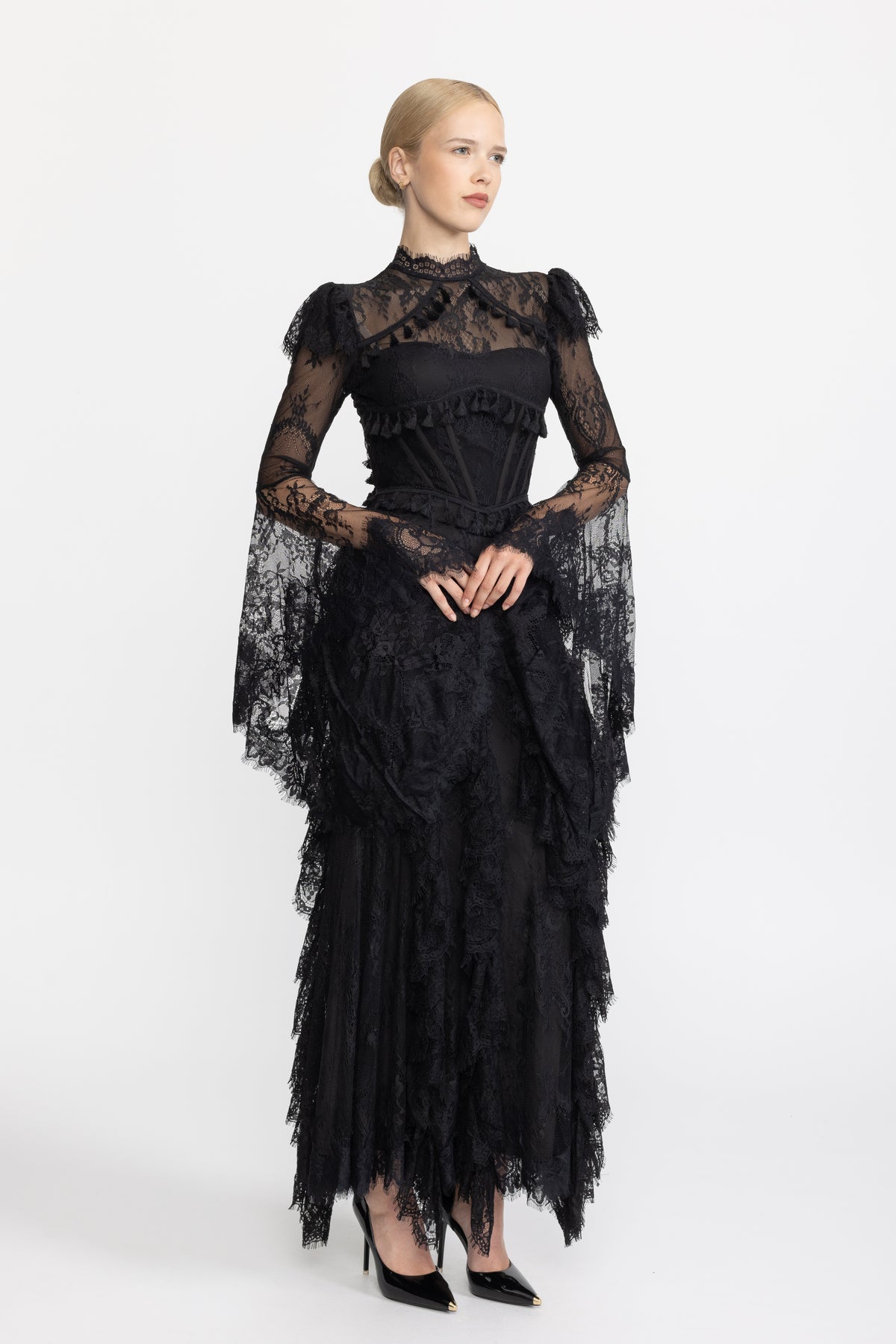 Tassel Trim Lace Corset Bell Sleeve Maxi Dress - Black