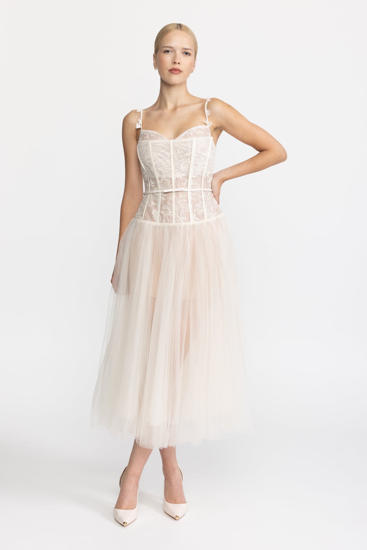 Midi-Kleid aus Tüll mit Spitzenkorsage – Beige 