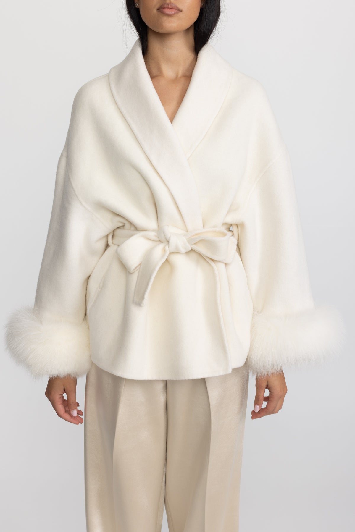 Wool Blend Wrap Jacket with Fox Fur Cuffs - Ivoire