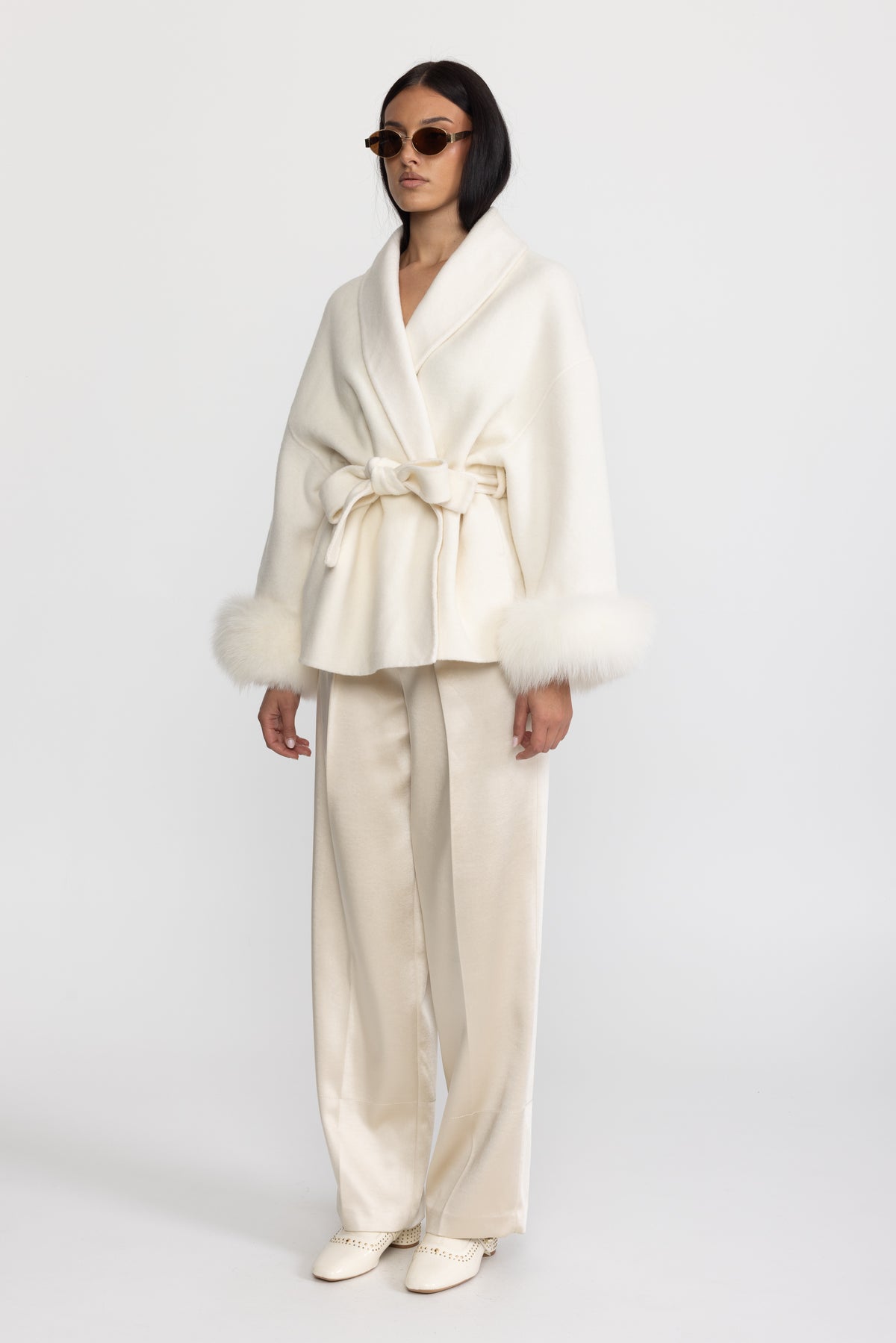 Wool Blend Wrap Jacket with Fox Fur Cuffs - Ivoire
