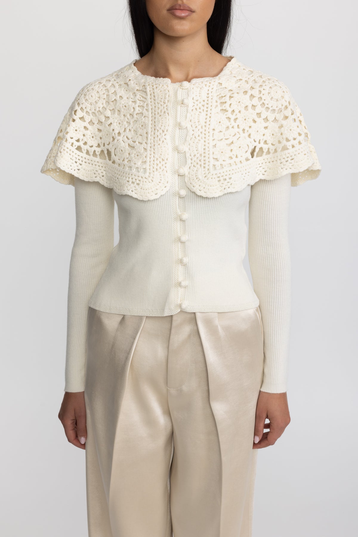 Crochet Capelet Collar Rib Knit Cardigan - Ivoire