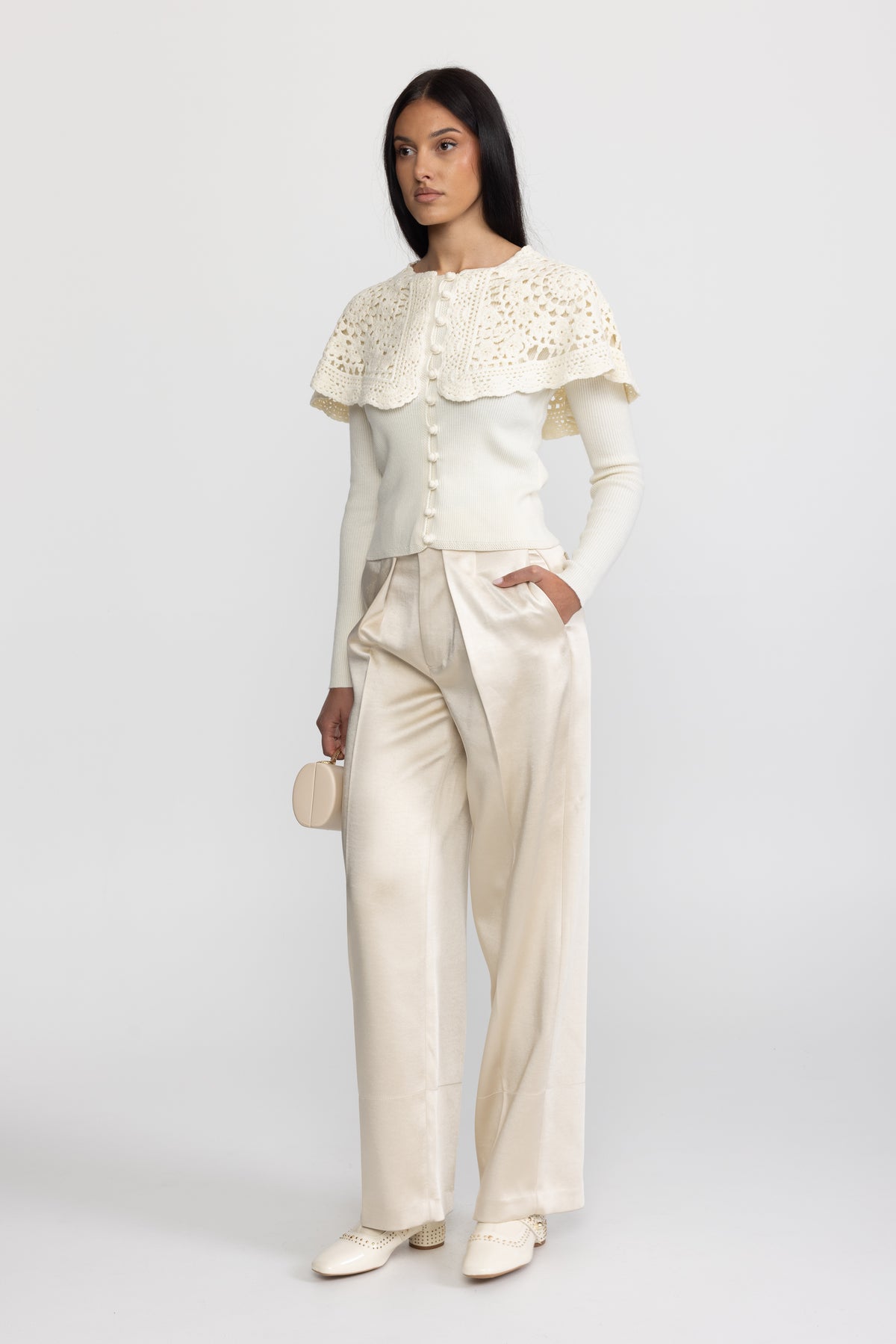 Crochet Capelet Collar Rib Knit Cardigan - Ivoire
