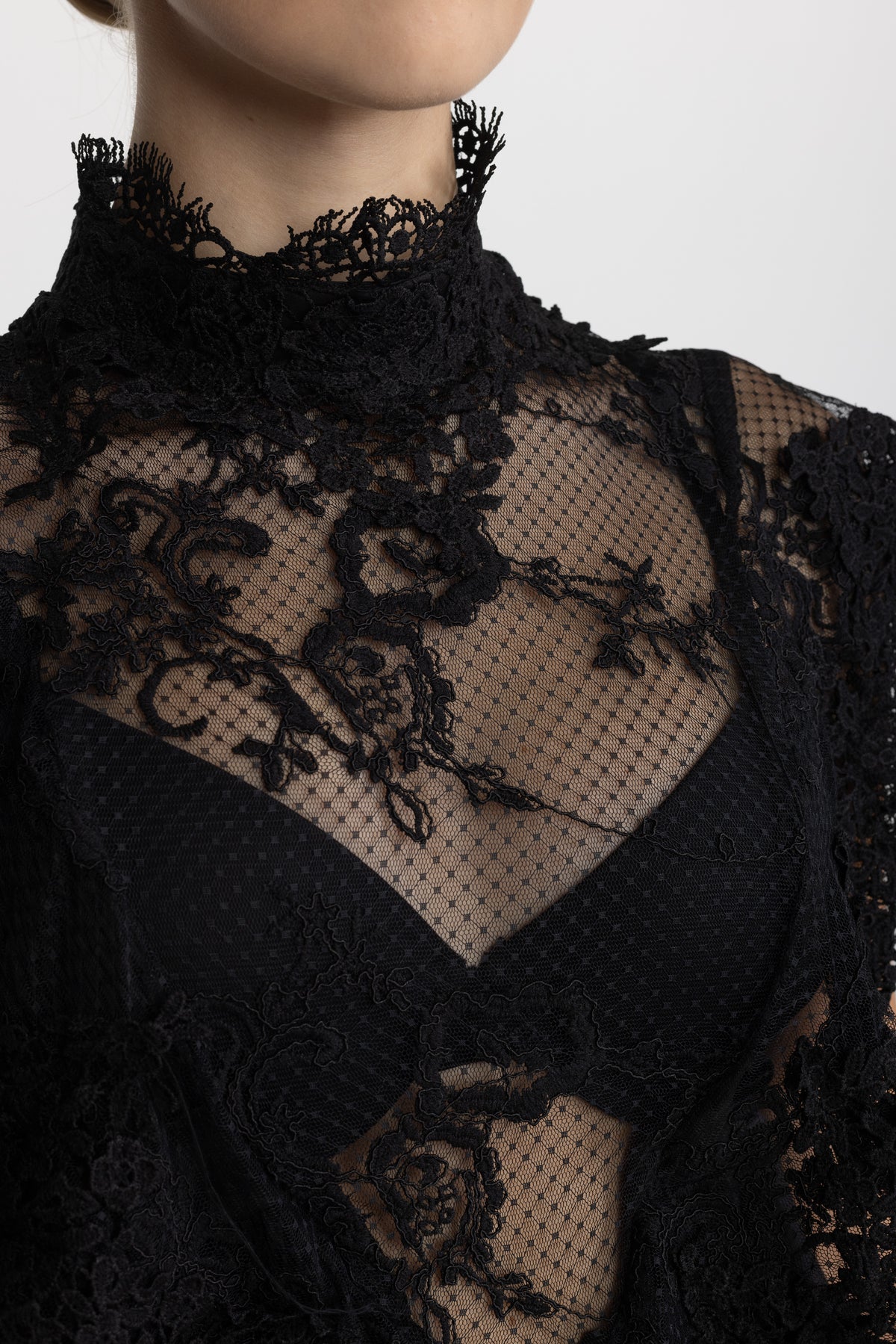 Sheer Lace Ruffle Mock Neck Top - Black