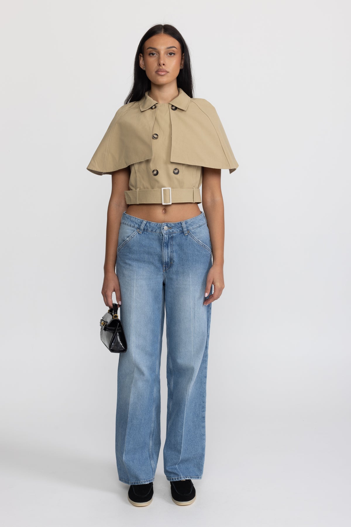 Cropped Trench Cape Top with Belt - Khaki