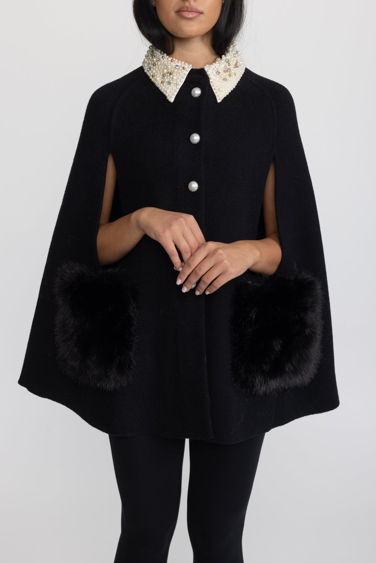 Pearl Embellished Collar Cape with Faux Fur Pockets - Black