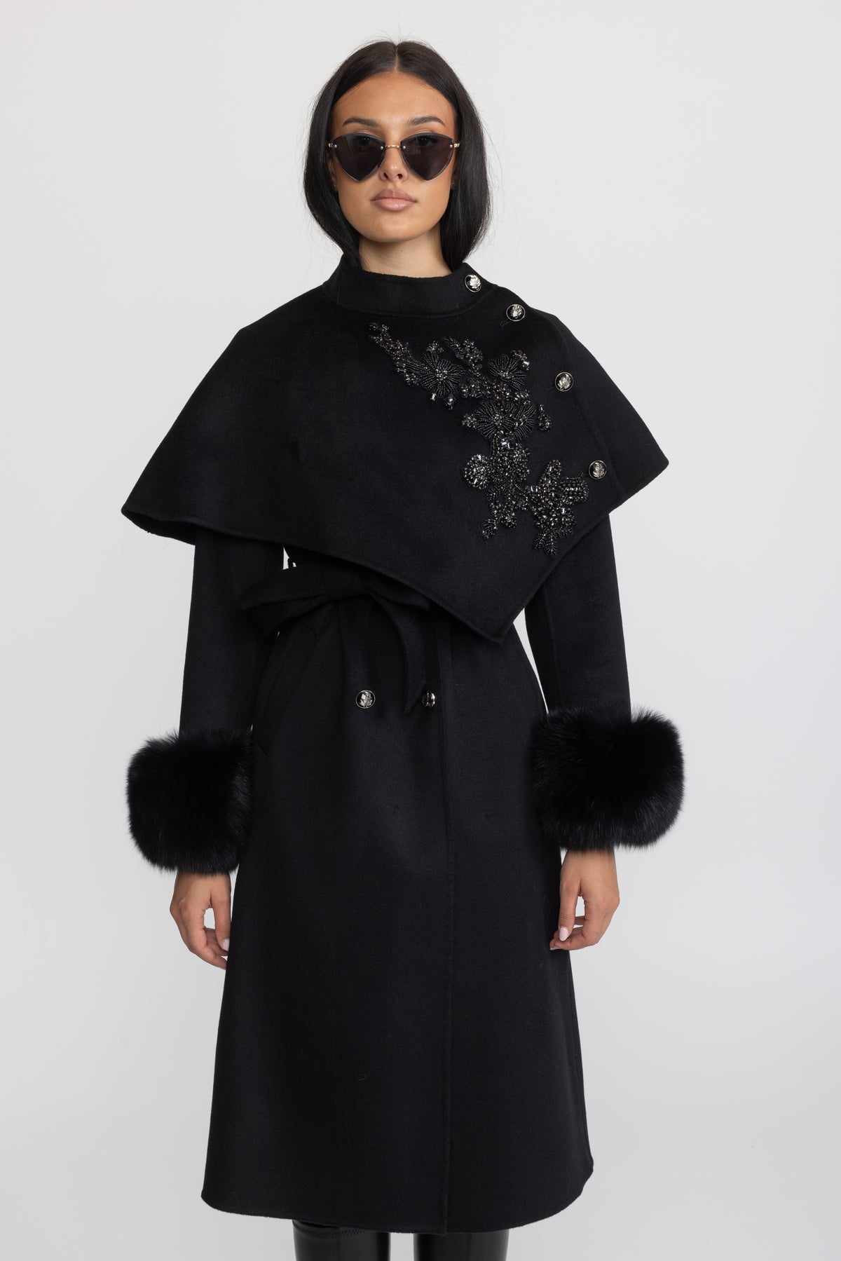 Embellished Capelet Wool Coat with Fox Fur Cuffs - Black