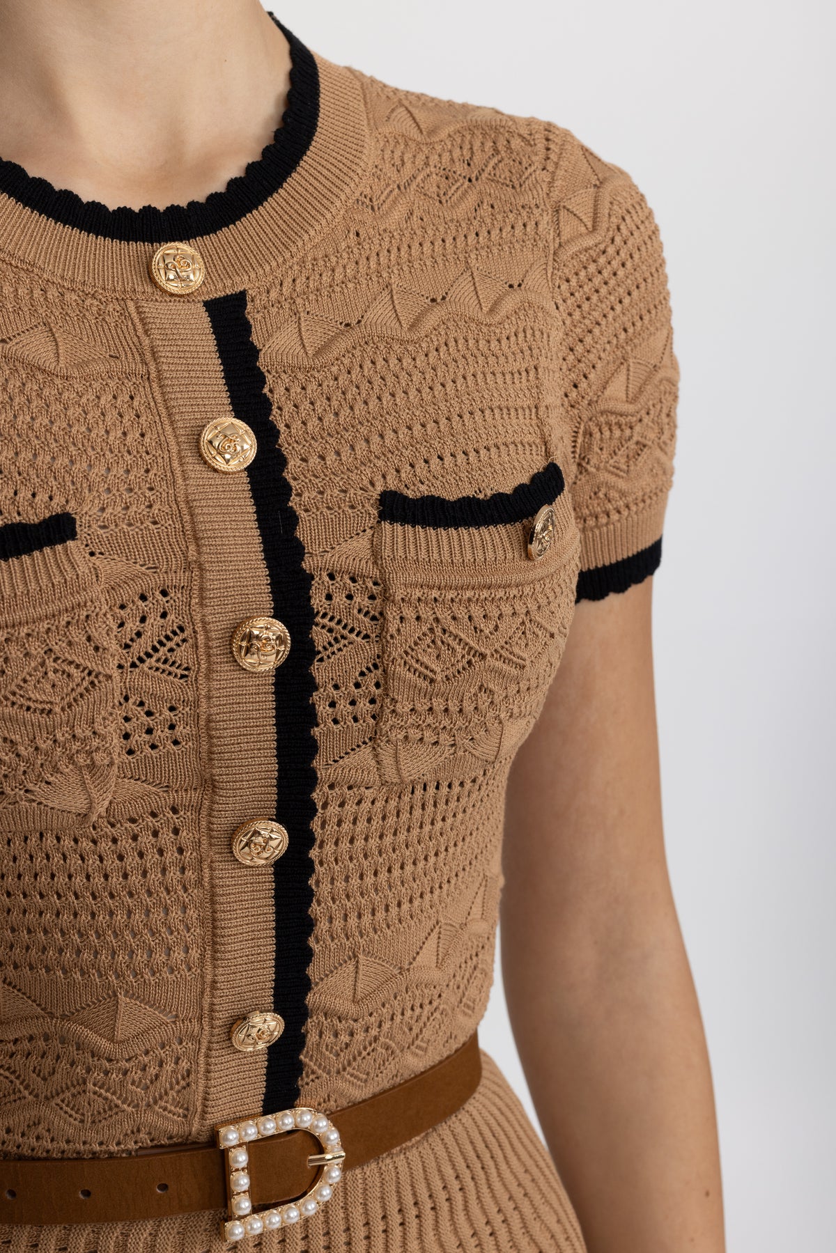 Pointelle Knit Belted Mini Dress with Contrast Trim - Camel