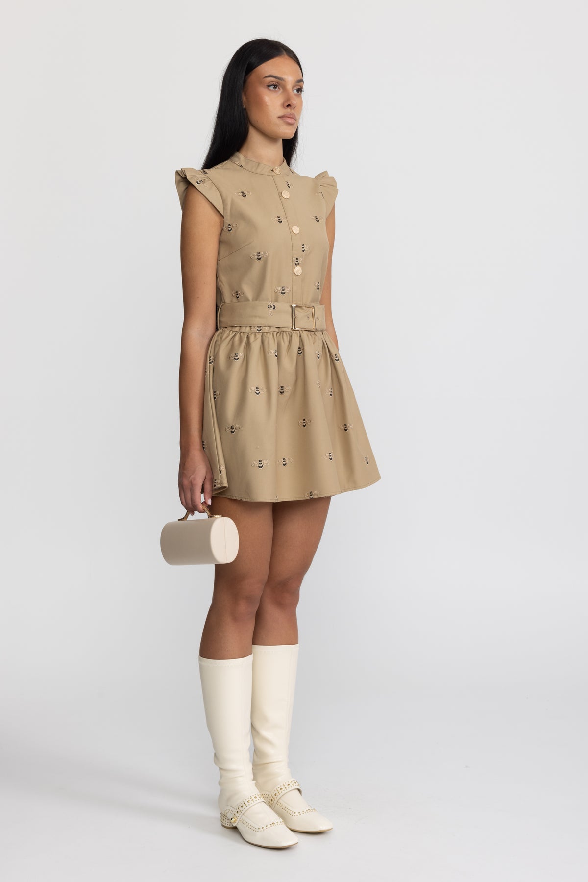 Besticktes Baumwoll-Minikleid mit Bienenmotiv und Gürtel - Khaki 