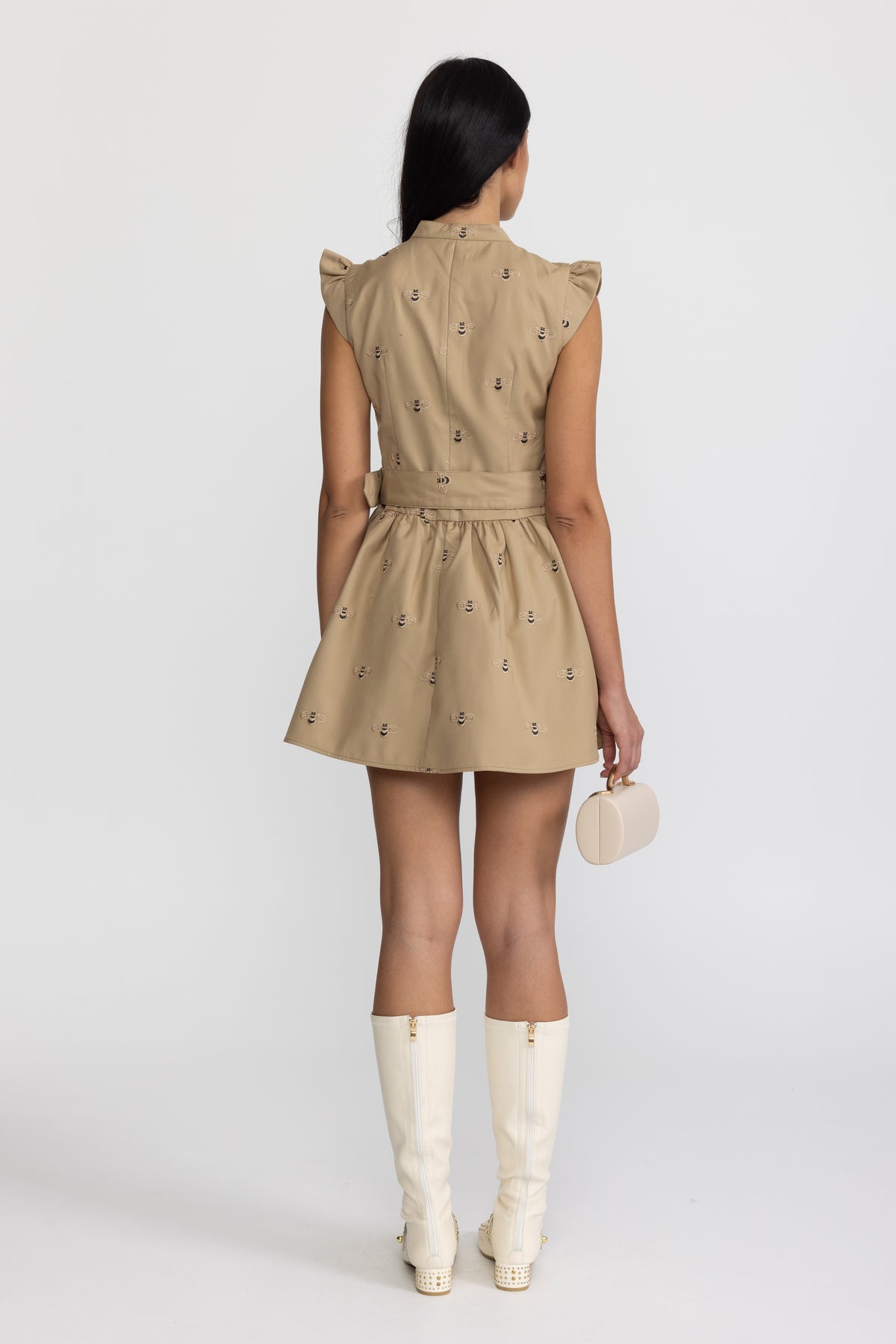 Besticktes Baumwoll-Minikleid mit Bienenmotiv und Gürtel - Khaki 