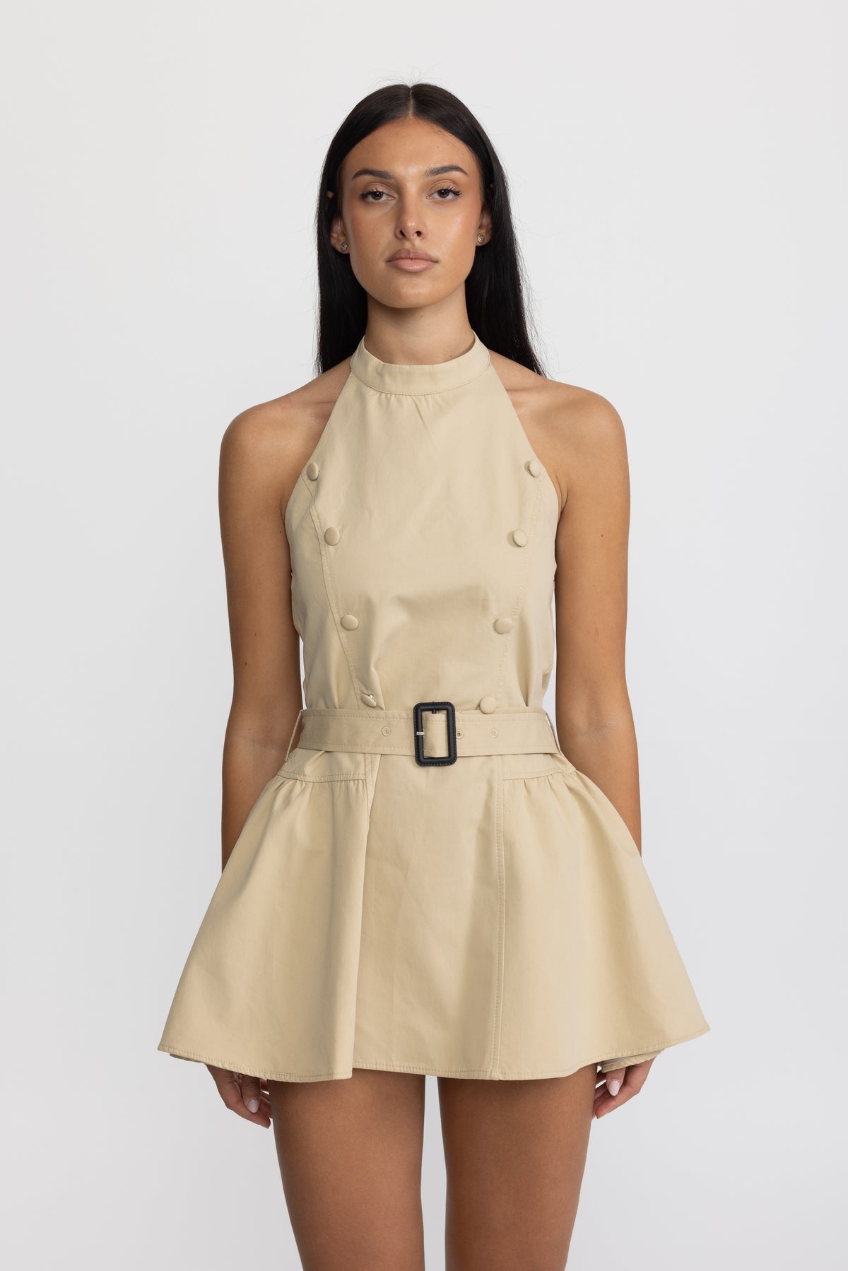 Trench-Minikleid mit Neckholder und abnehmbarem Capelet – Khaki 