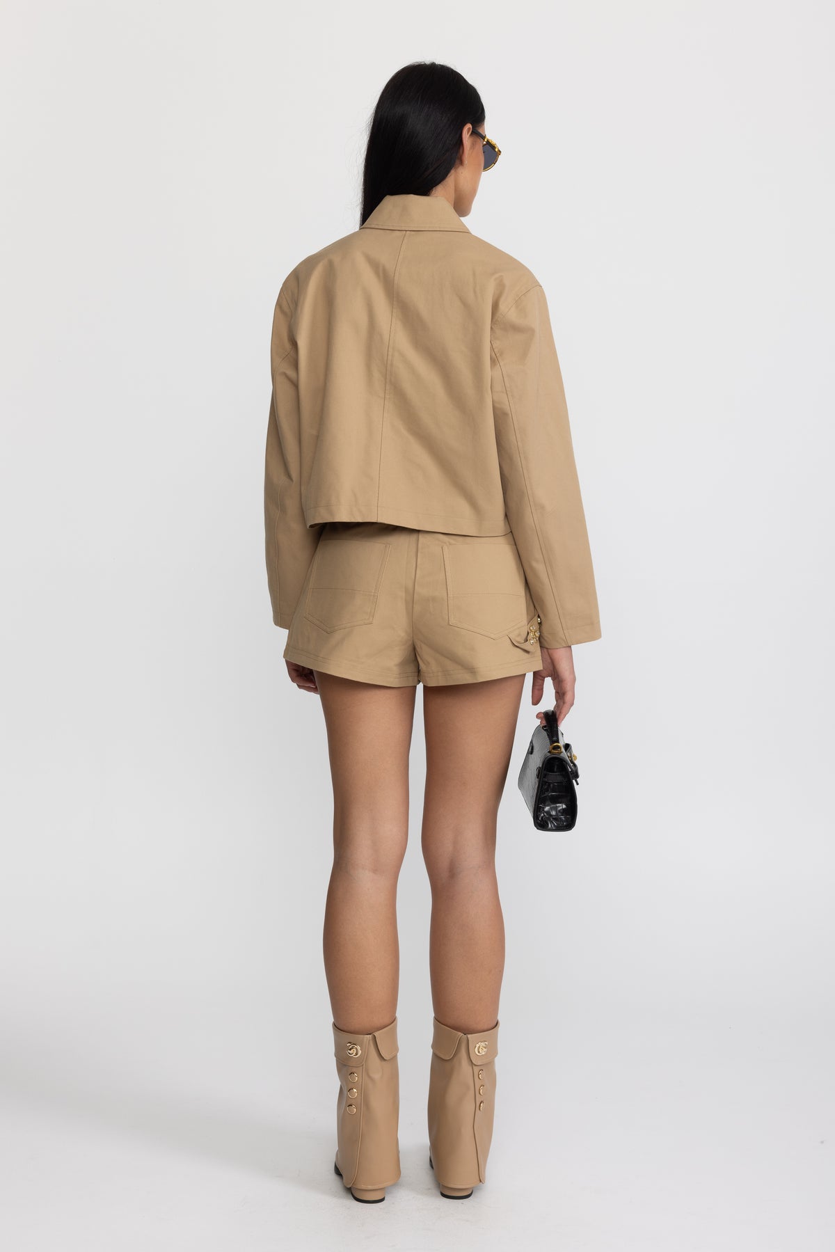 Verkürzte Canvas-Jacke mit Reißverschluss und Kristallnieten - Khaki 