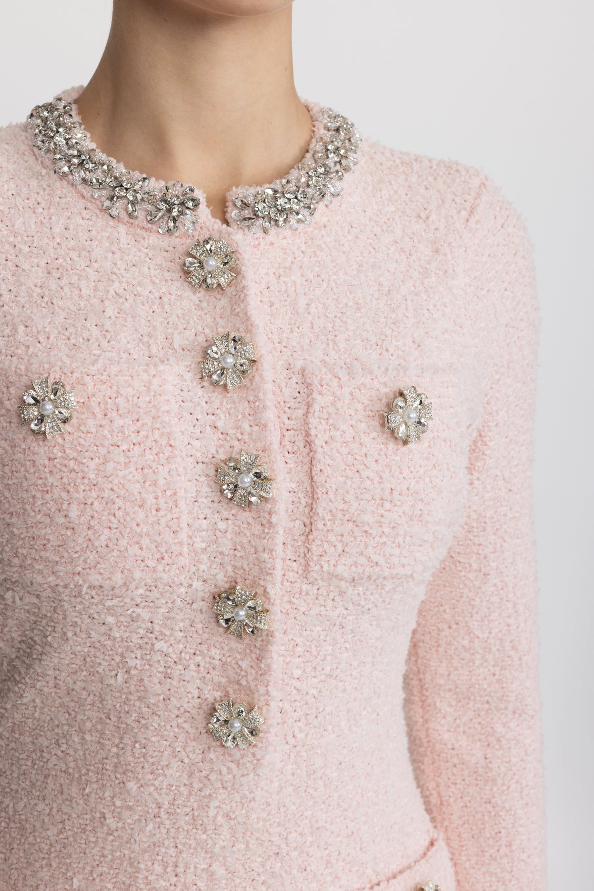 Crystal Embellished Bouclé Knit Mini Dress - Pink