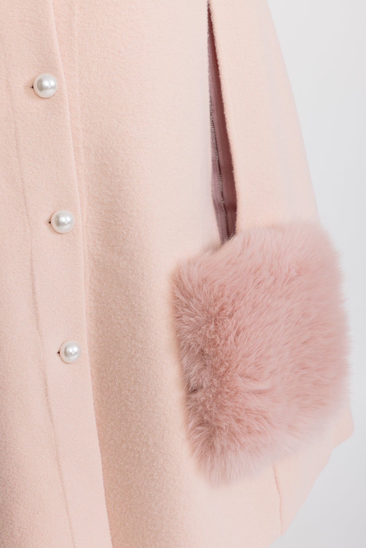 Pearl Embellished Collar Cape with Faux Fur Pockets - Pink