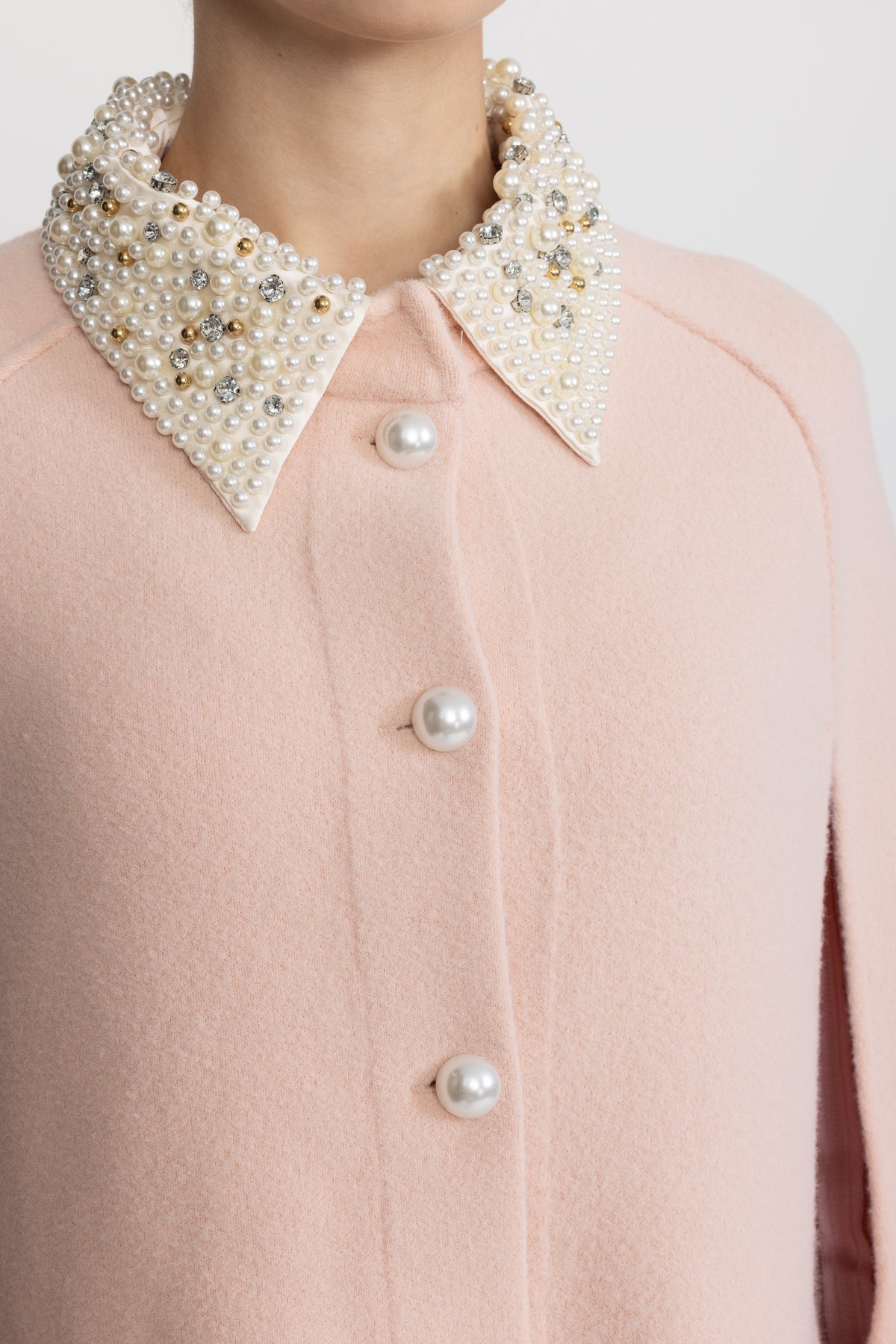 Pearl Embellished Collar Cape with Faux Fur Pockets - Pink