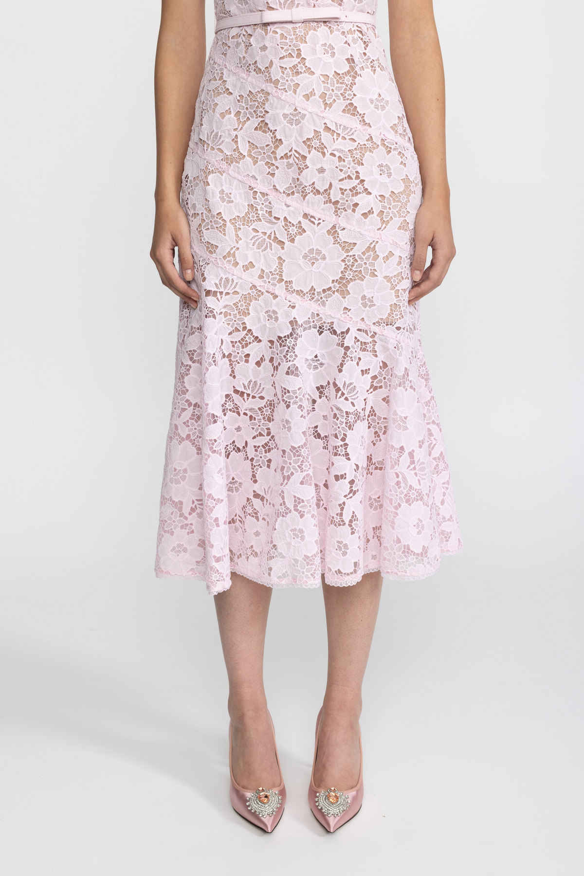 Guipure Lace Puff Sleeve Midi Dress - Pink