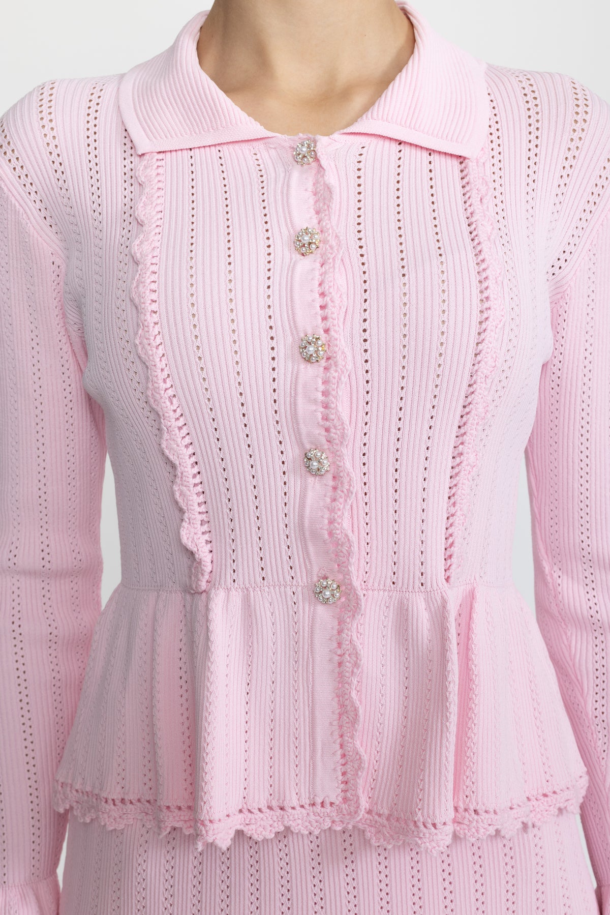 Pointelle Knit Peplum Cardigan and Lace Hem Skirt Co-ord Set - Pink