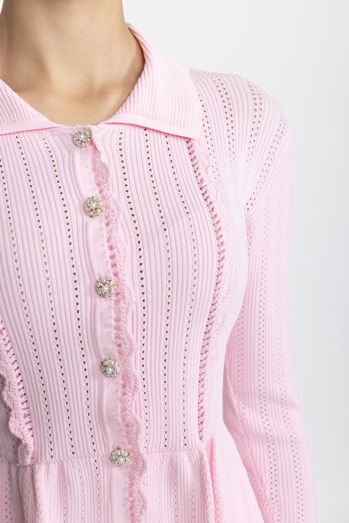 Pointelle Knit Peplum Cardigan and Lace Hem Skirt Co-ord Set - Pink