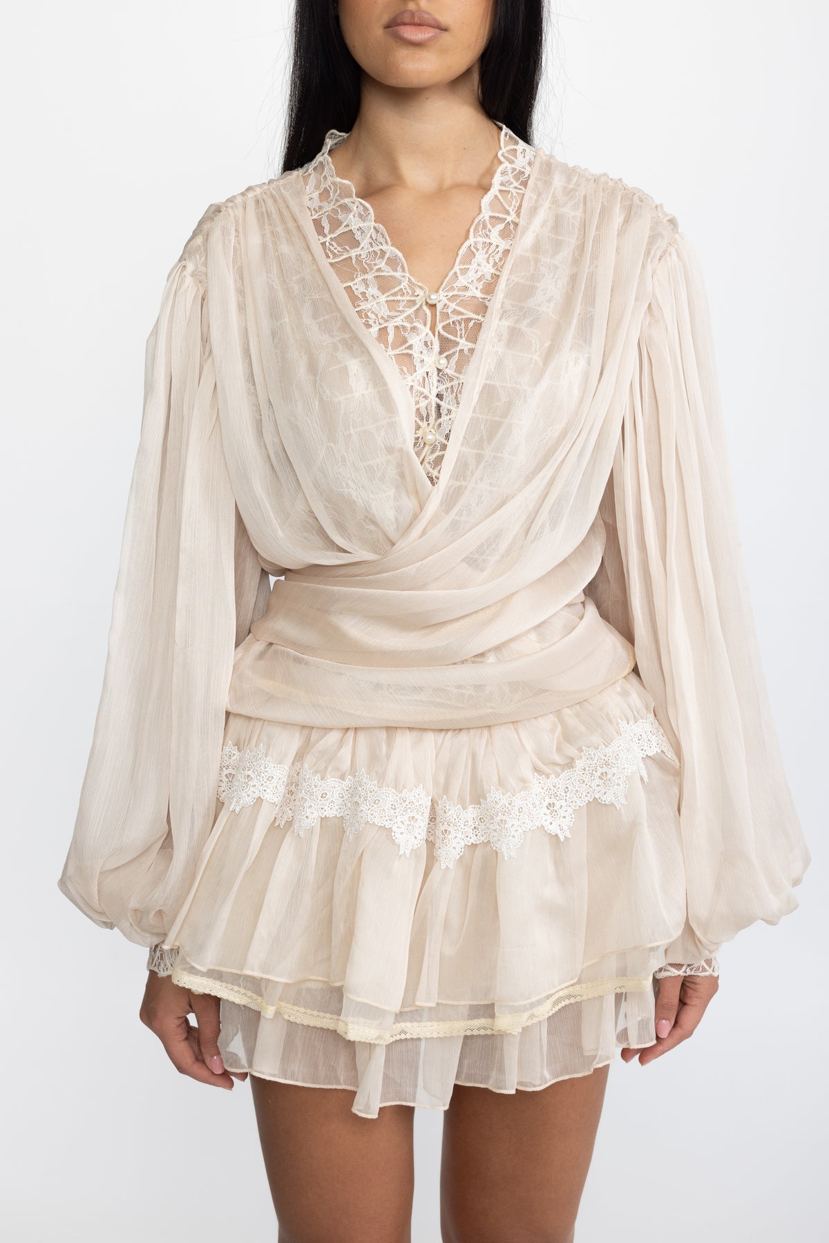 Lace Inset Chiffon Wrap Blouse and Ruffle Mini Skirt Co-ord Set - Beige
