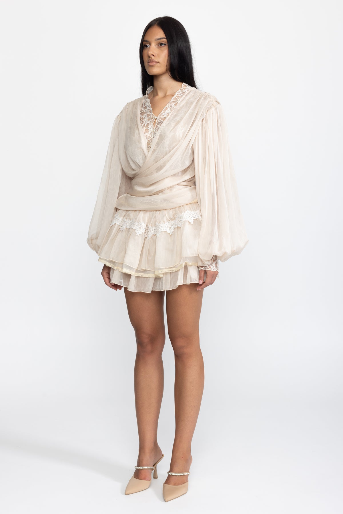 Lace Inset Chiffon Wrap Blouse and Ruffle Mini Skirt Co-ord Set - Beige