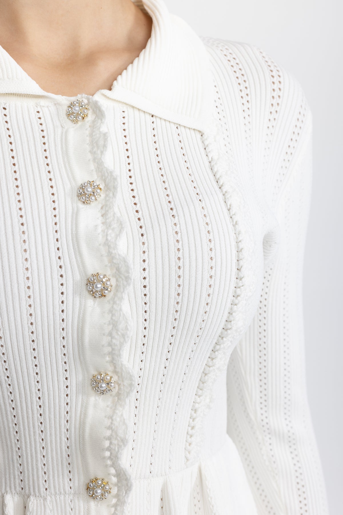 Pointelle Knit Peplum Cardigan and Lace Hem Skirt Co-ord Set - White