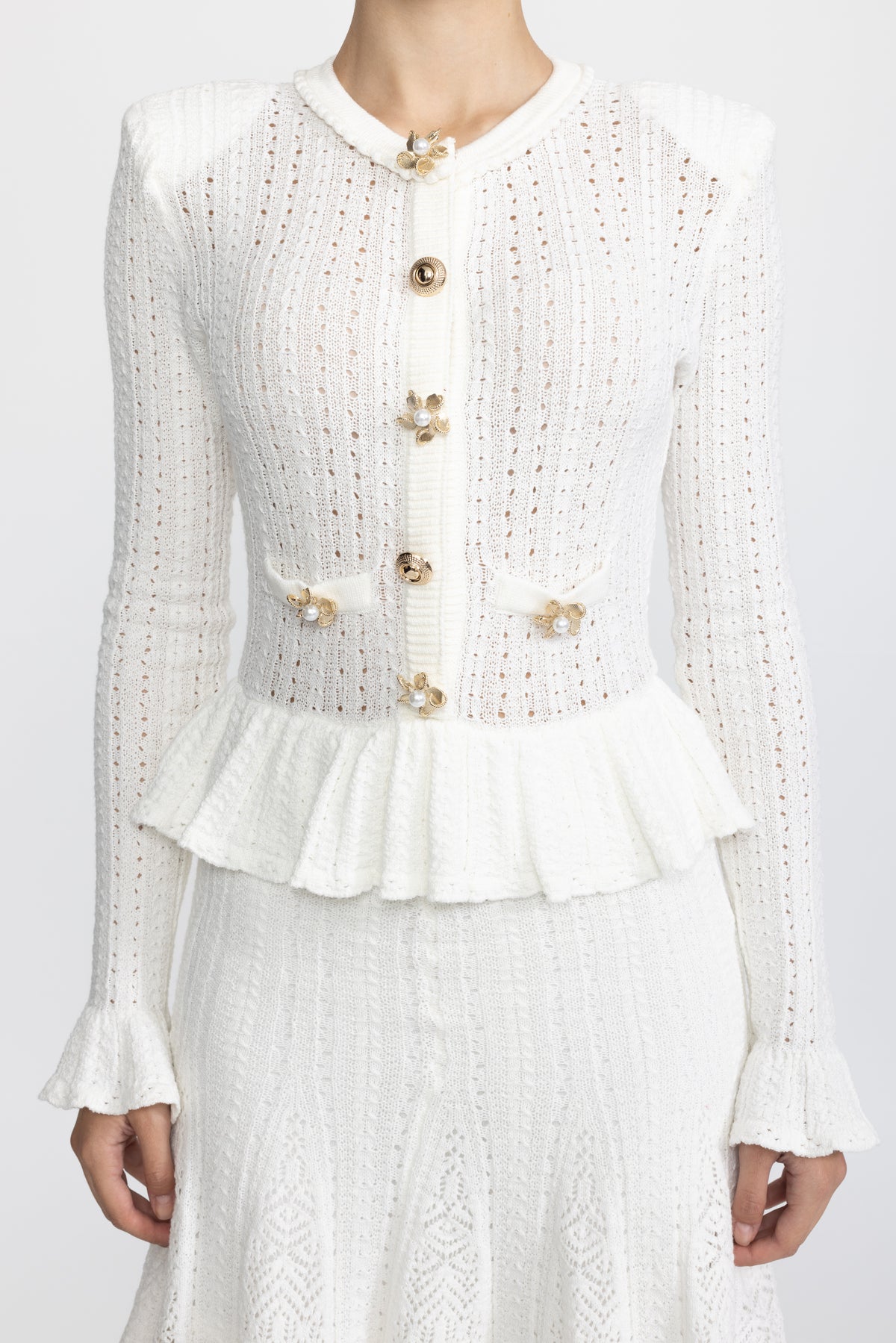 Pointelle Knit Peplum Mini Dress with Pearl Flower Buttons - White