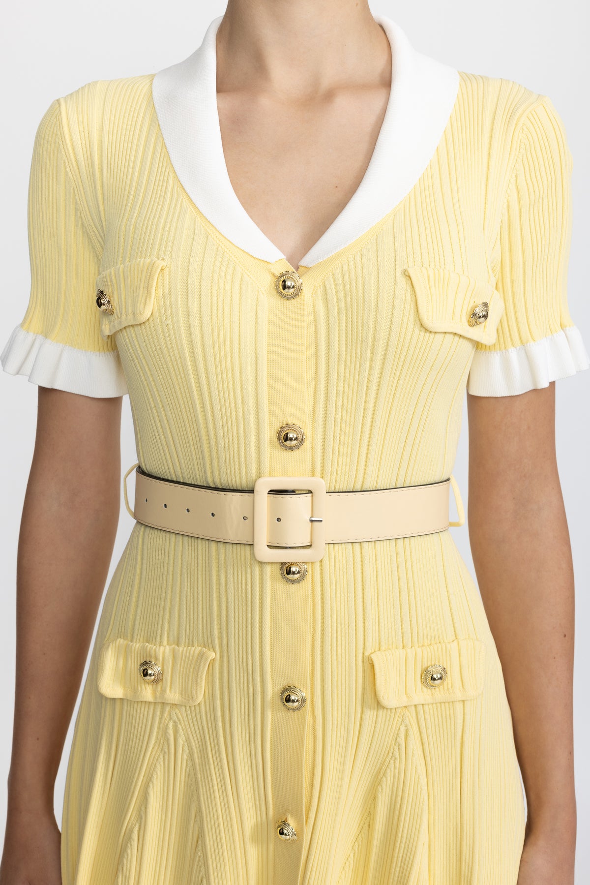 Ribbed Knit Contrast Collar Belted Mini Dress - Yellow