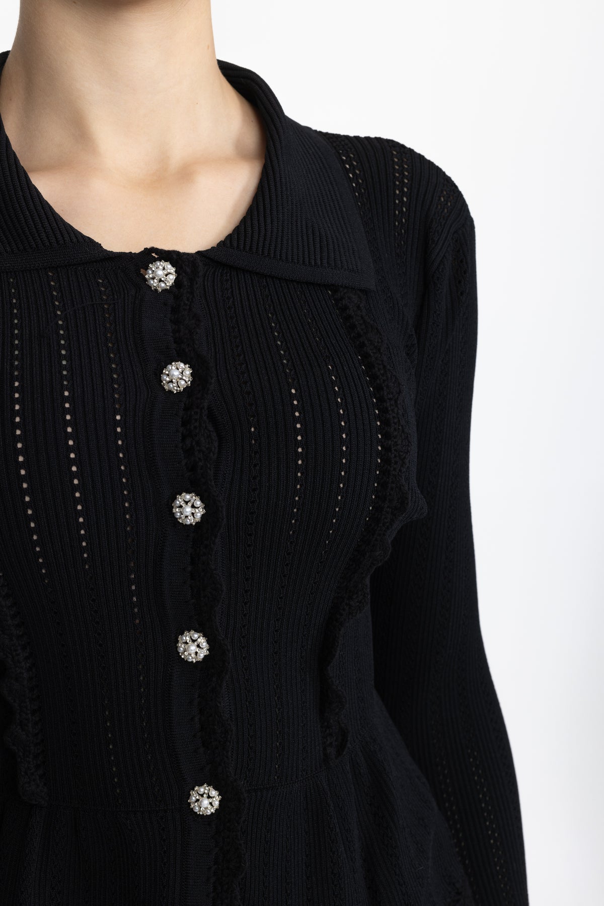 Pointelle Knit Peplum Cardigan and Lace Hem Skirt Co-ord Set - Black