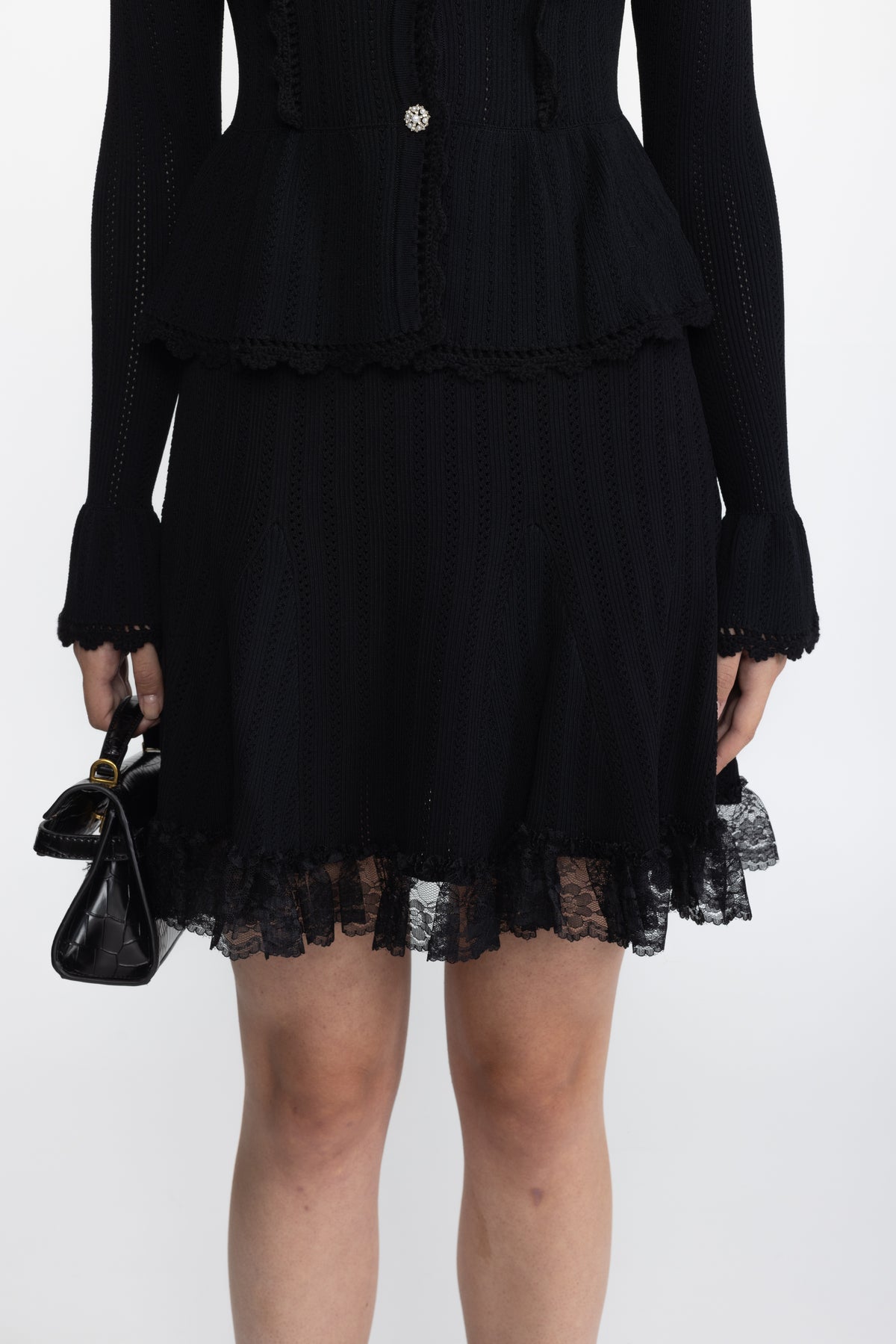 Pointelle Knit Peplum Cardigan and Lace Hem Skirt Co-ord Set - Black