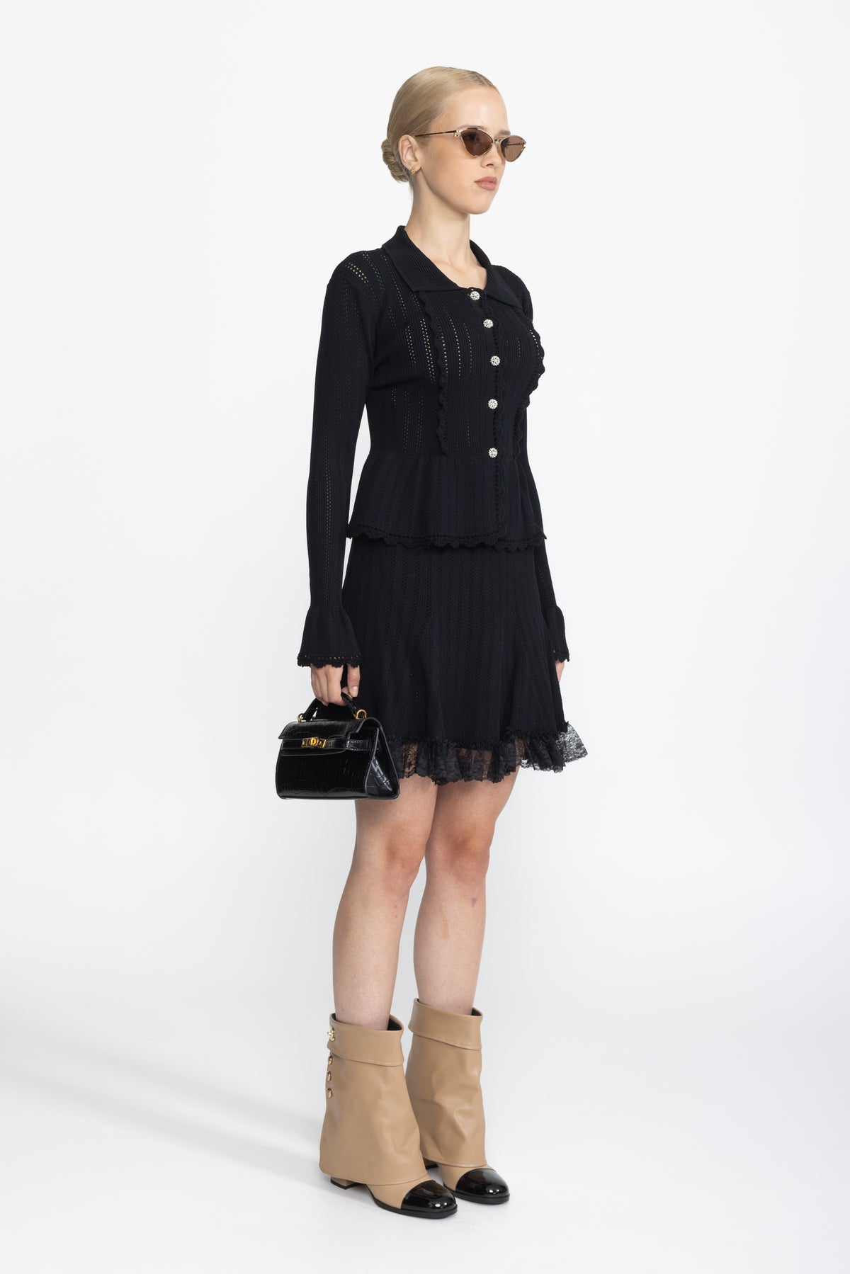 Pointelle Knit Peplum Cardigan and Lace Hem Skirt Co-ord Set - Black