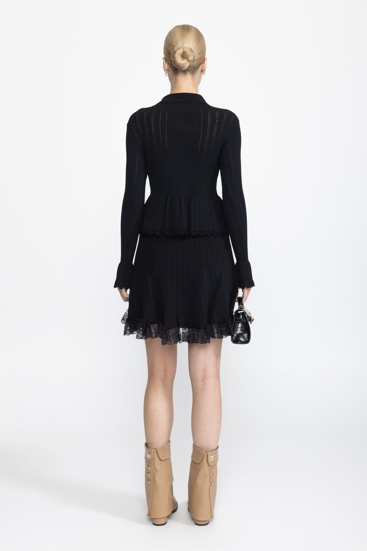 Pointelle Knit Peplum Cardigan and Lace Hem Skirt Co-ord Set - Black