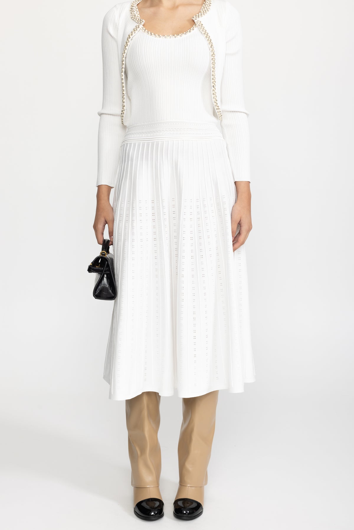 Pearl Trim Knit Tank Midi Dress and Bolero Set - White