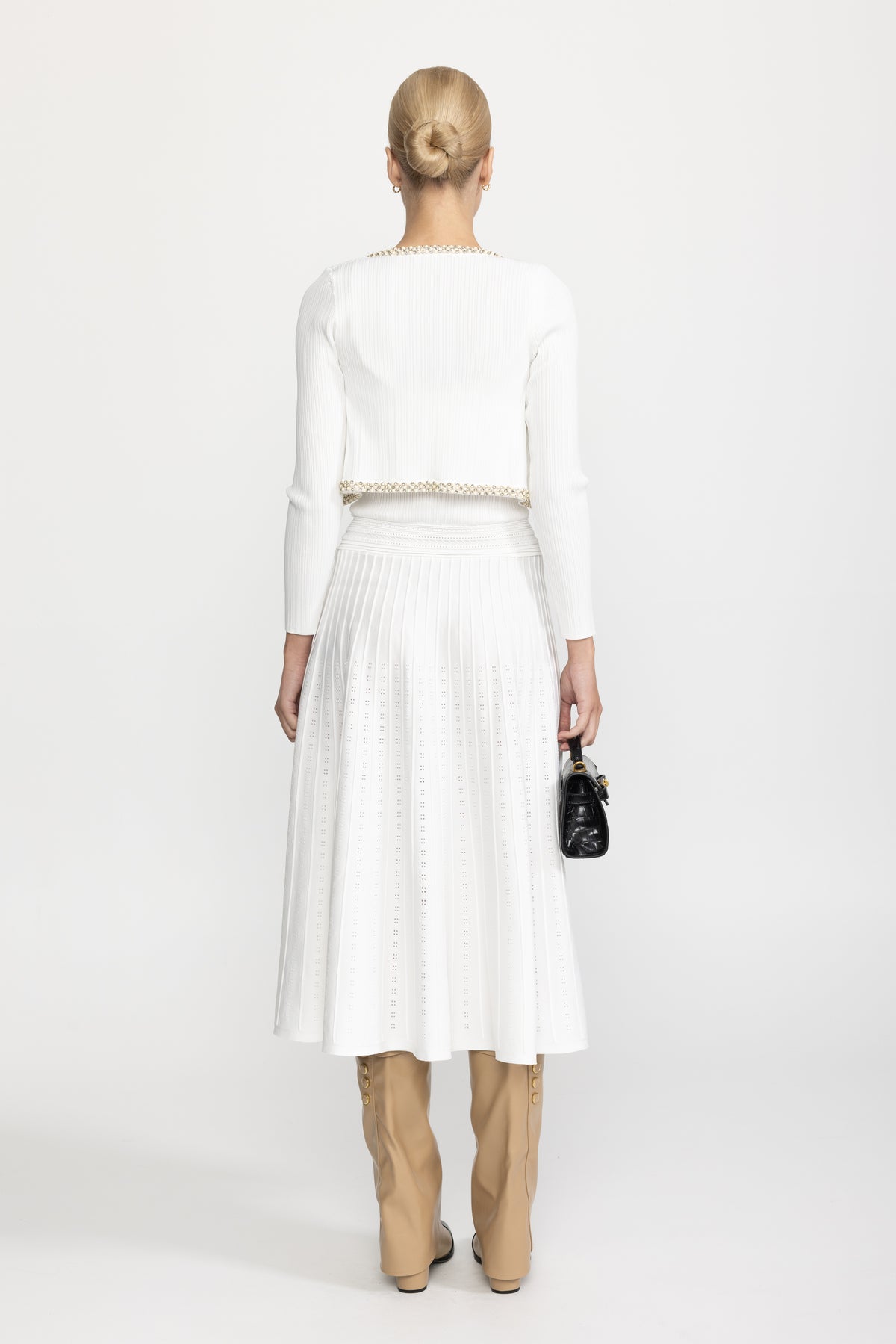 Pearl Trim Knit Tank Midi Dress and Bolero Set - White